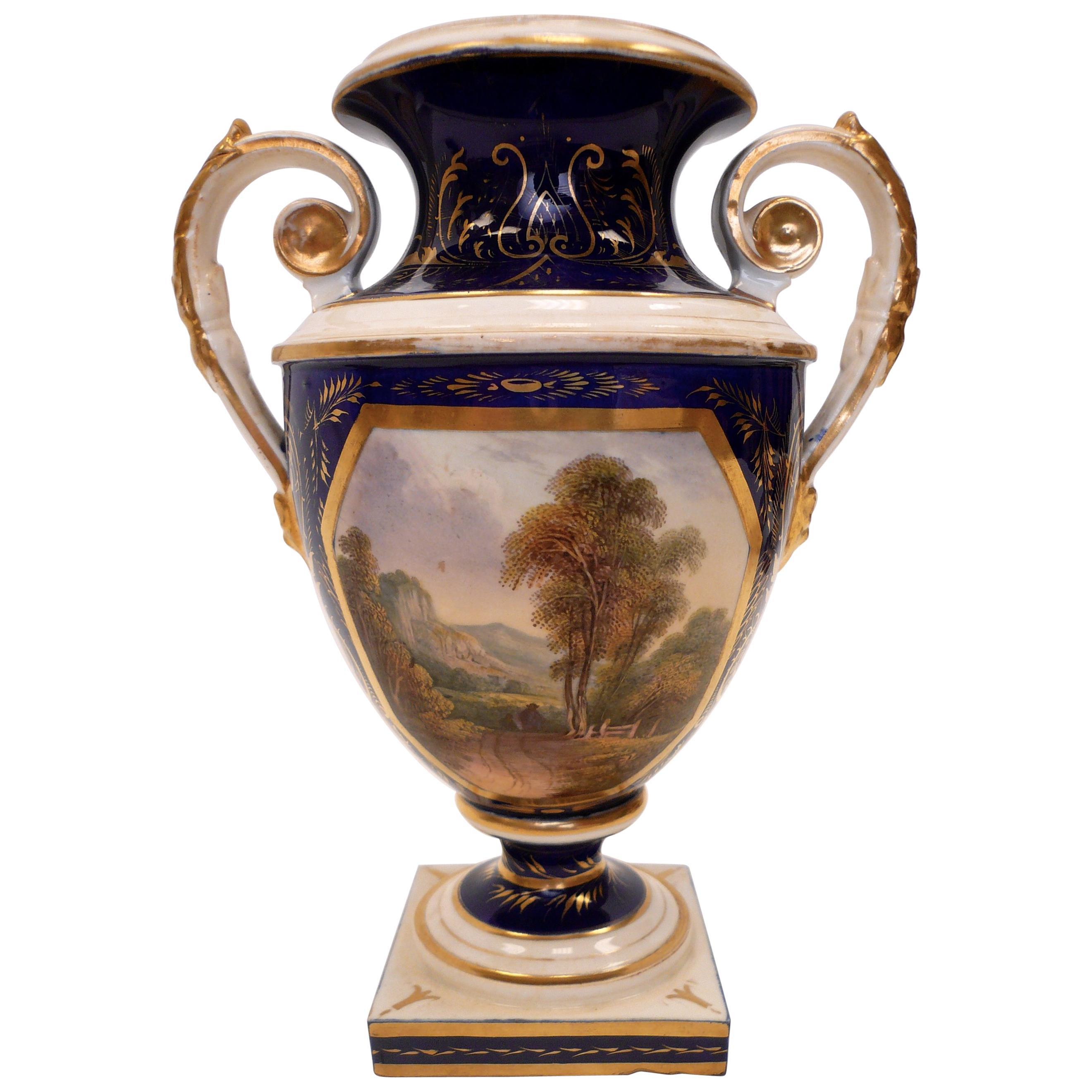 "View of Wales" 19th Century Hand-Painted Bloor Derby Porcelain Urn Form Vase