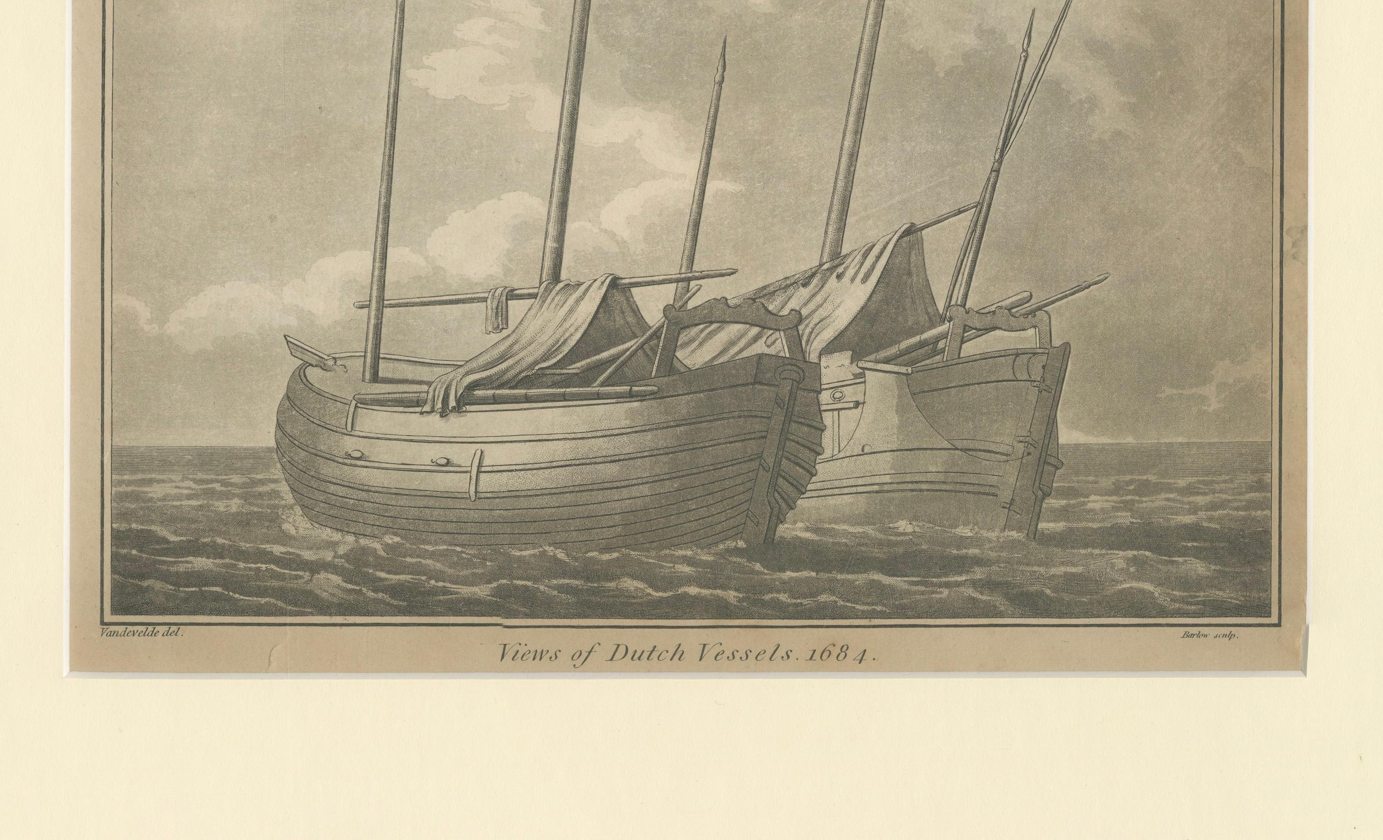 Vues de navires hollandais - Gravure maritime d'après 1684 Dessin, publié en 1802

Description :
Cette gravure finement exécutée, publiée en 1802, représente une paire de navires hollandais en mer, d'après un dessin original de 1684. Les navires