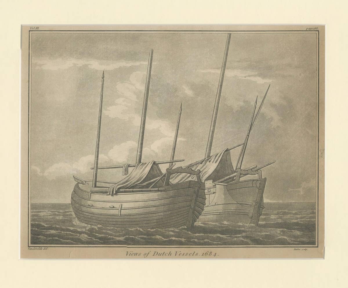 Views of Dutch Vessels – Maritime Engraving after 1684 Drawing, Published 1802
