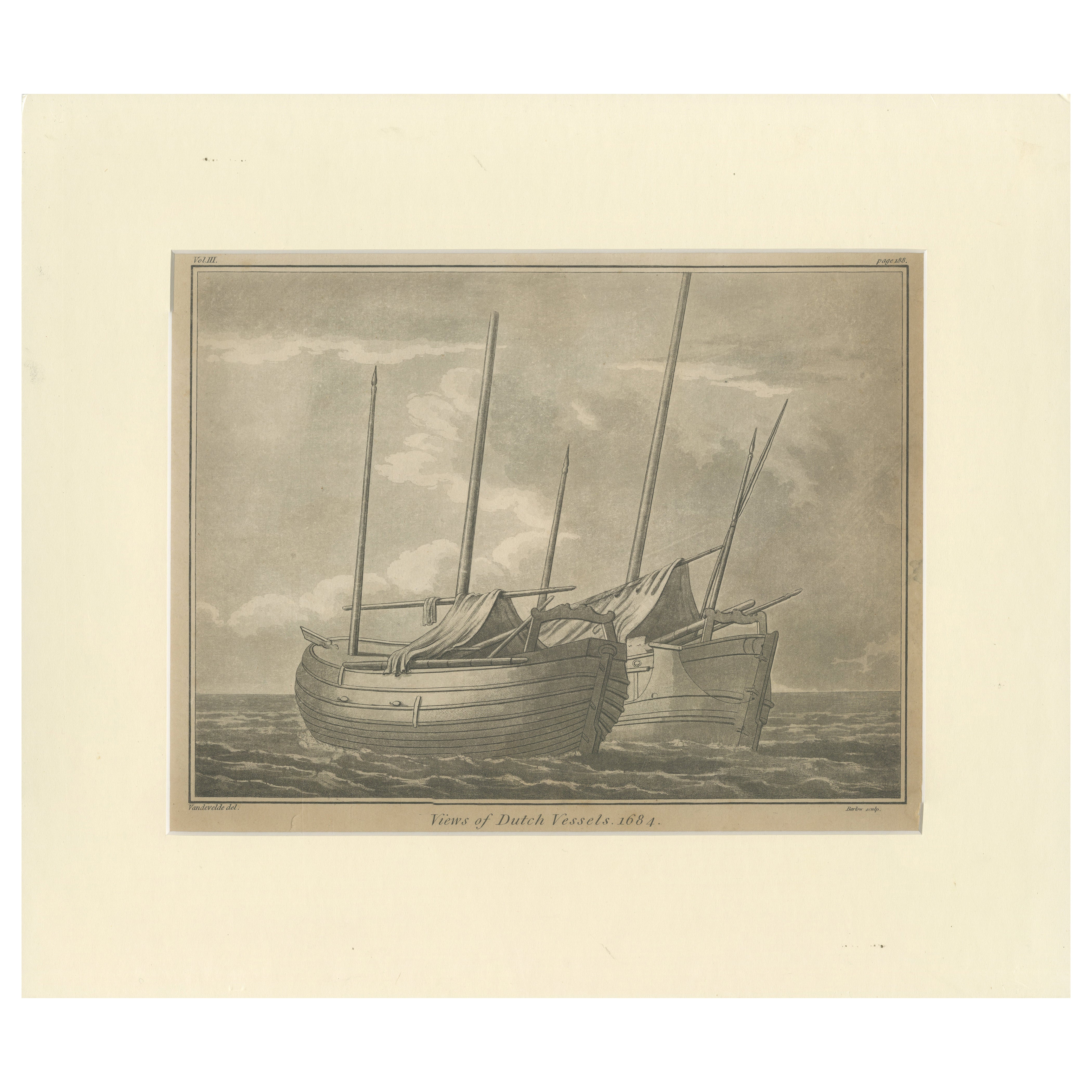 Vues de navires hollandais - Gravure maritime d'après 1684 Dessin, publié en 1802 en vente