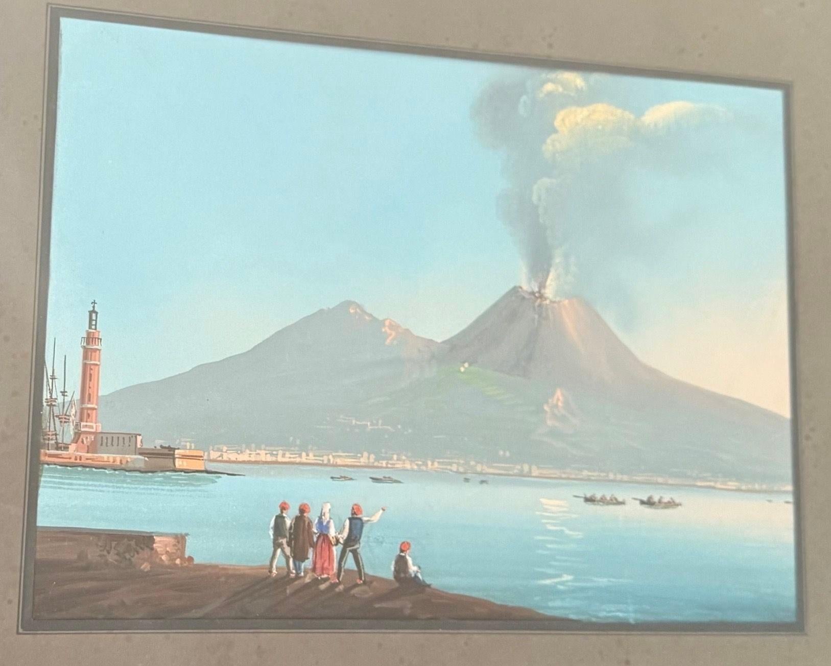 italien Vues d'un volcan éruptant, gouache sur papier, fin du 19e siècle en vente