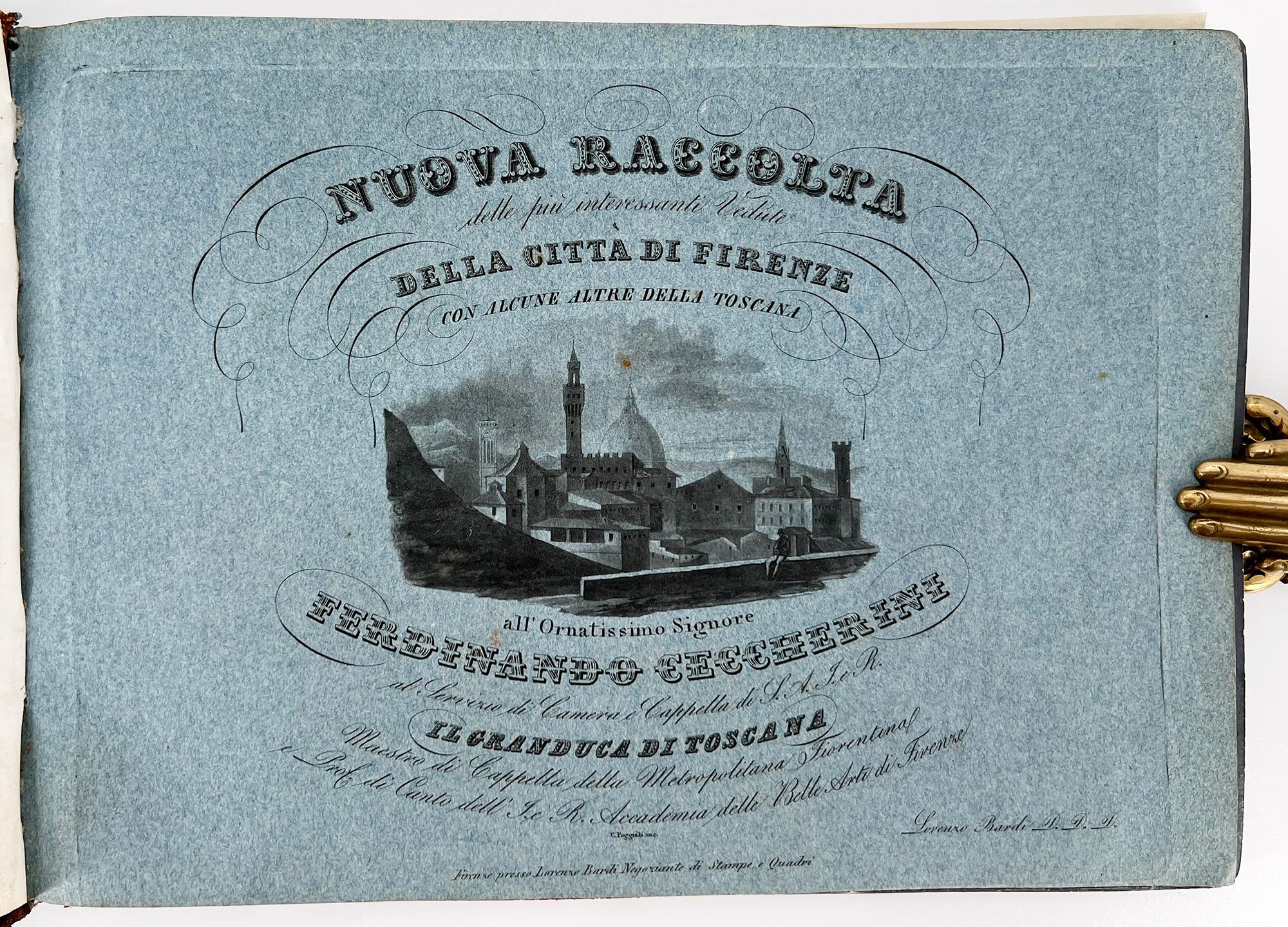 Nouveau recueil des plus intéressantes vues de la ville de Florence et d'autres villes de Toscane

Florence : Lorenzo Bardi, C.I.C.. 
Quarto oblong, 7 3/4 11 pouces (195 x 280 mm). 18 planches gravées à l'aquatinte par G. Carrocci et d'autres