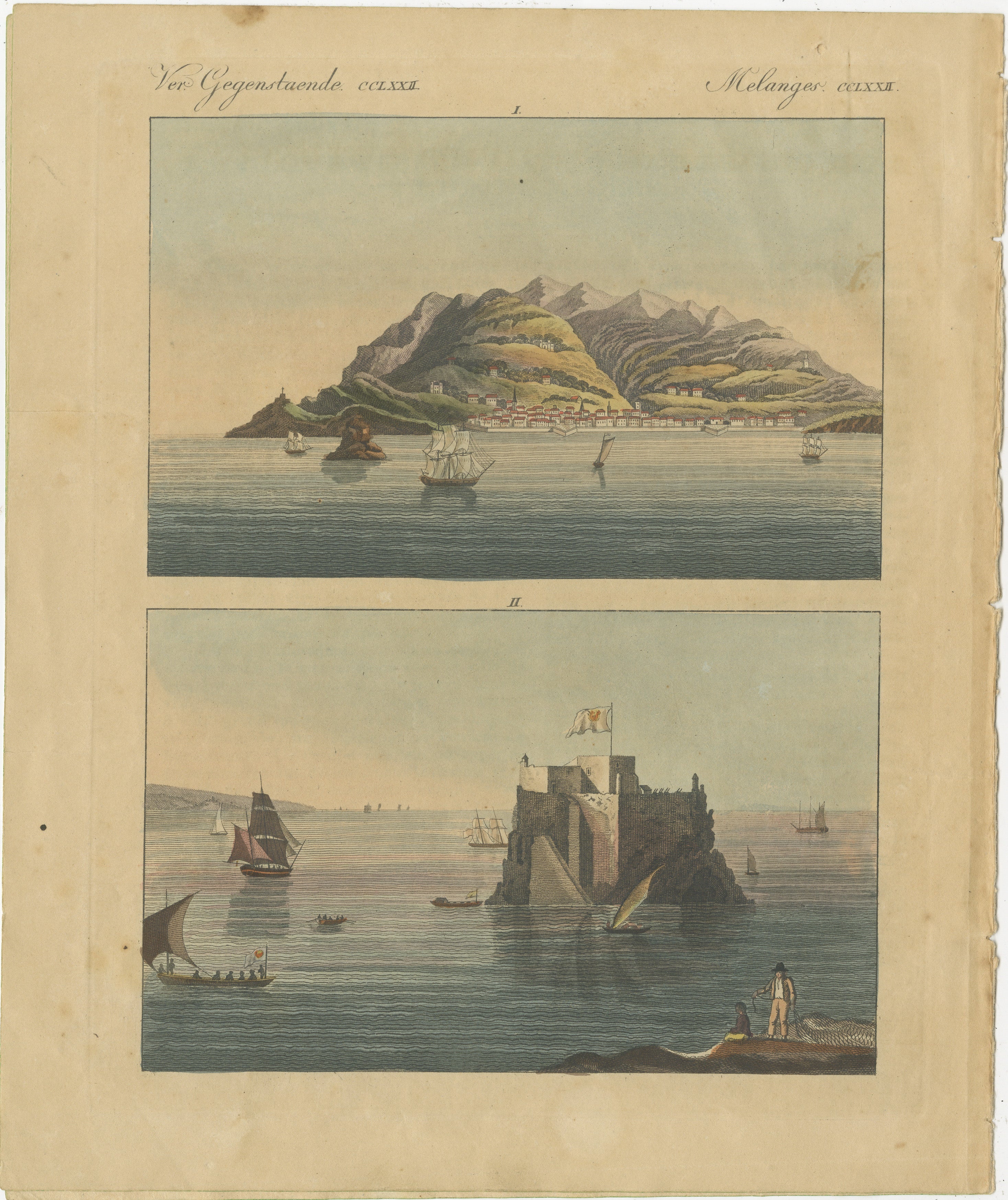 Ansichten von Funchal und Fort Loo, Madeira - Handkolorierter Druck aus Bertuch, um 1800

Dieser handkolorierte Originalstich zeigt zwei detaillierte Ansichten der Insel Madeira aus Friedrich Justin Bertuchs berühmtem Bilderbuch für Kinder, das um