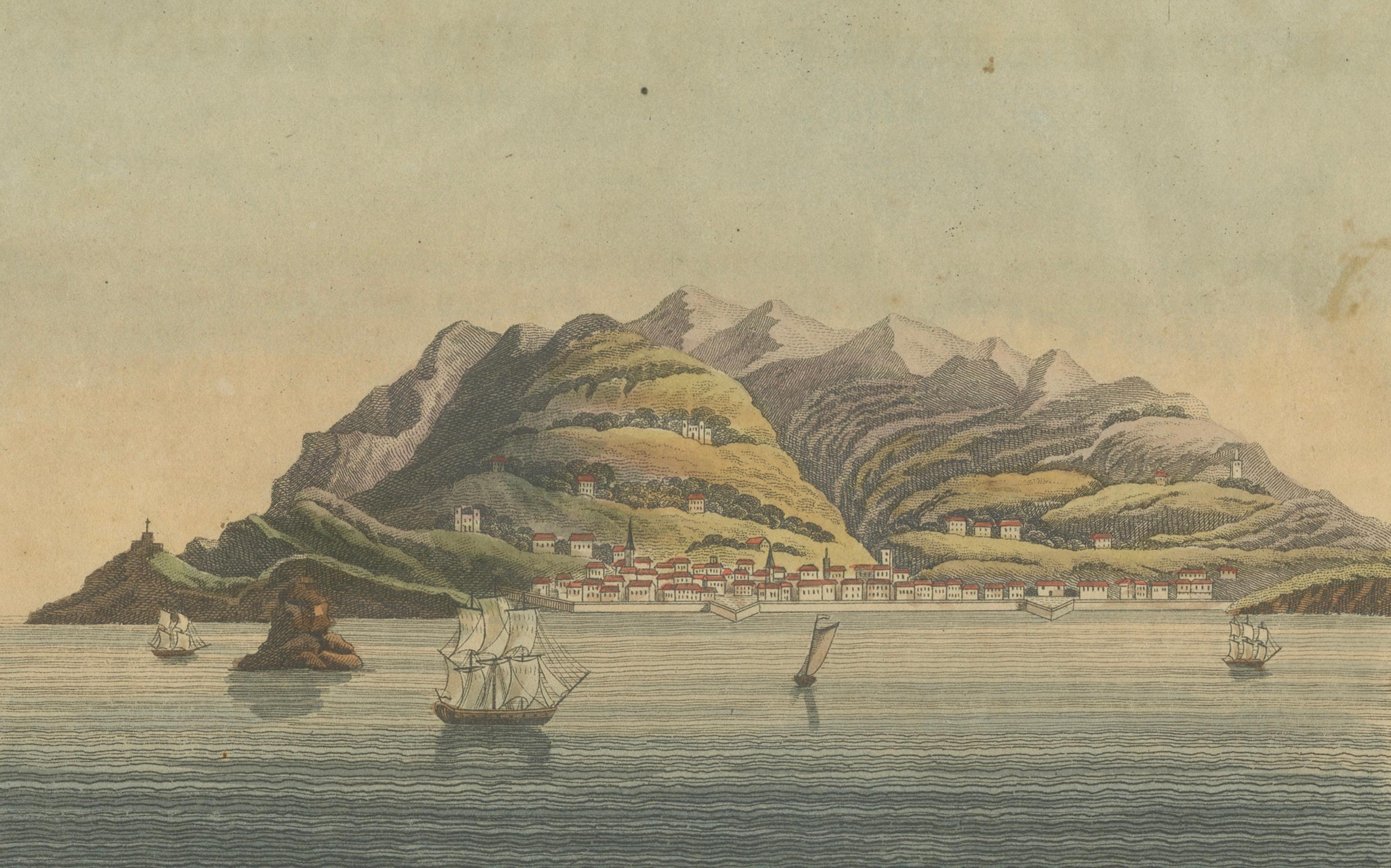 Ansichten von Funchal und Fort Loo, Madeira - Handkolorierter Druck aus Bertuch, um 1800 (Graviert) im Angebot