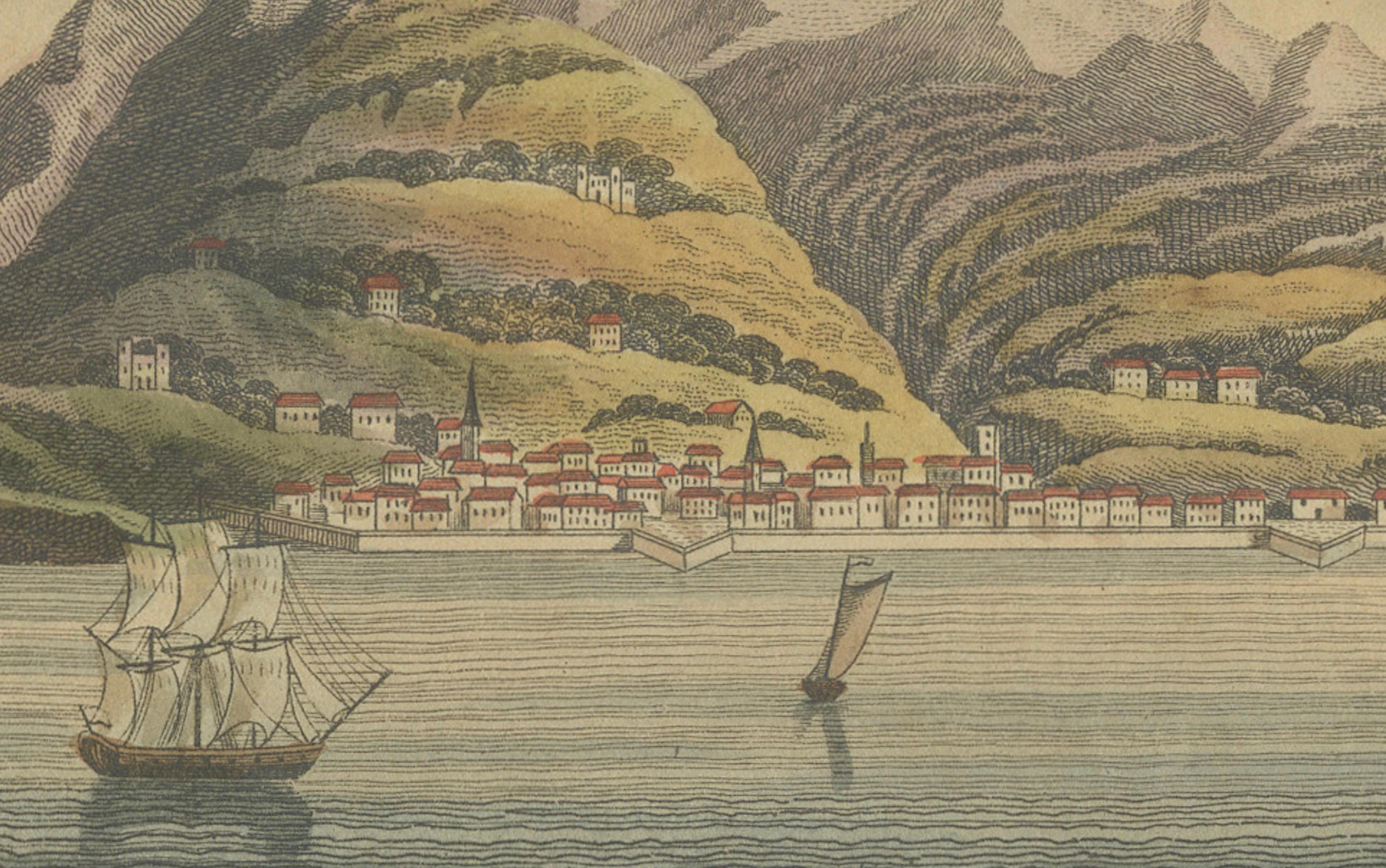 Ansichten von Funchal und Fort Loo, Madeira - Handkolorierter Druck aus Bertuch, um 1800 (Papier) im Angebot