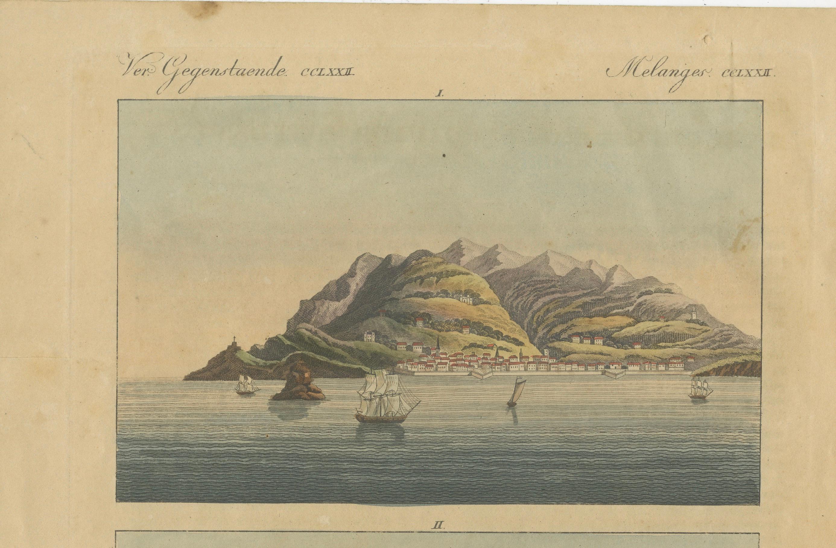 Ansichten von Funchal und Fort Loo, Madeira - Handkolorierter Druck aus Bertuch, um 1800 im Angebot 1