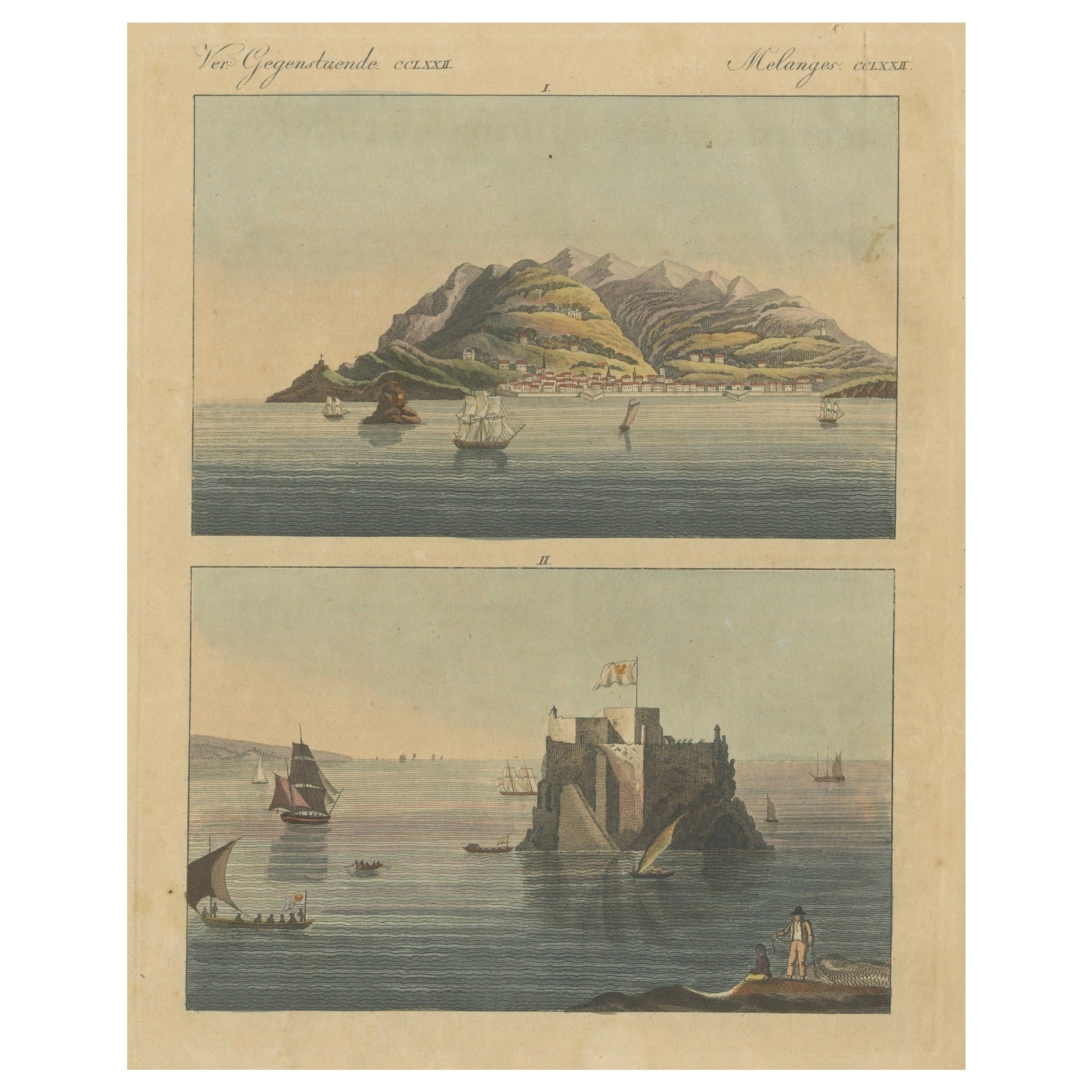 Ansichten von Funchal und Fort Loo, Madeira - Handkolorierter Druck aus Bertuch, um 1800 im Angebot