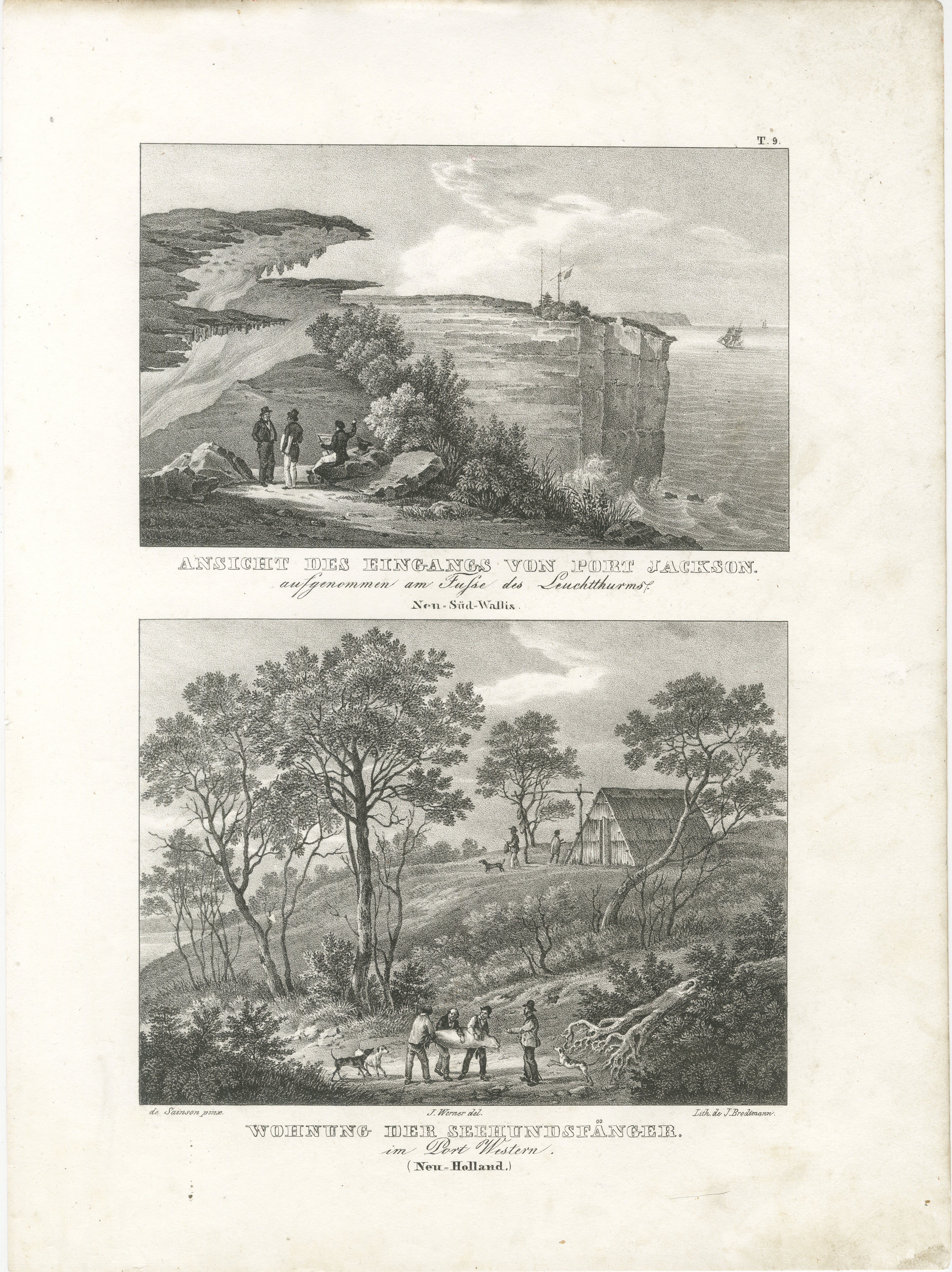Título: Vistas de Port Jackson y de la vivienda de los cazadores de focas en Nueva Holanda  

Descripción: Esta litografía, de hacia 1836, ofrece dos atractivas escenas de Nueva Gales del Sur y Nueva Holanda (la actual Australia), que captan tanto