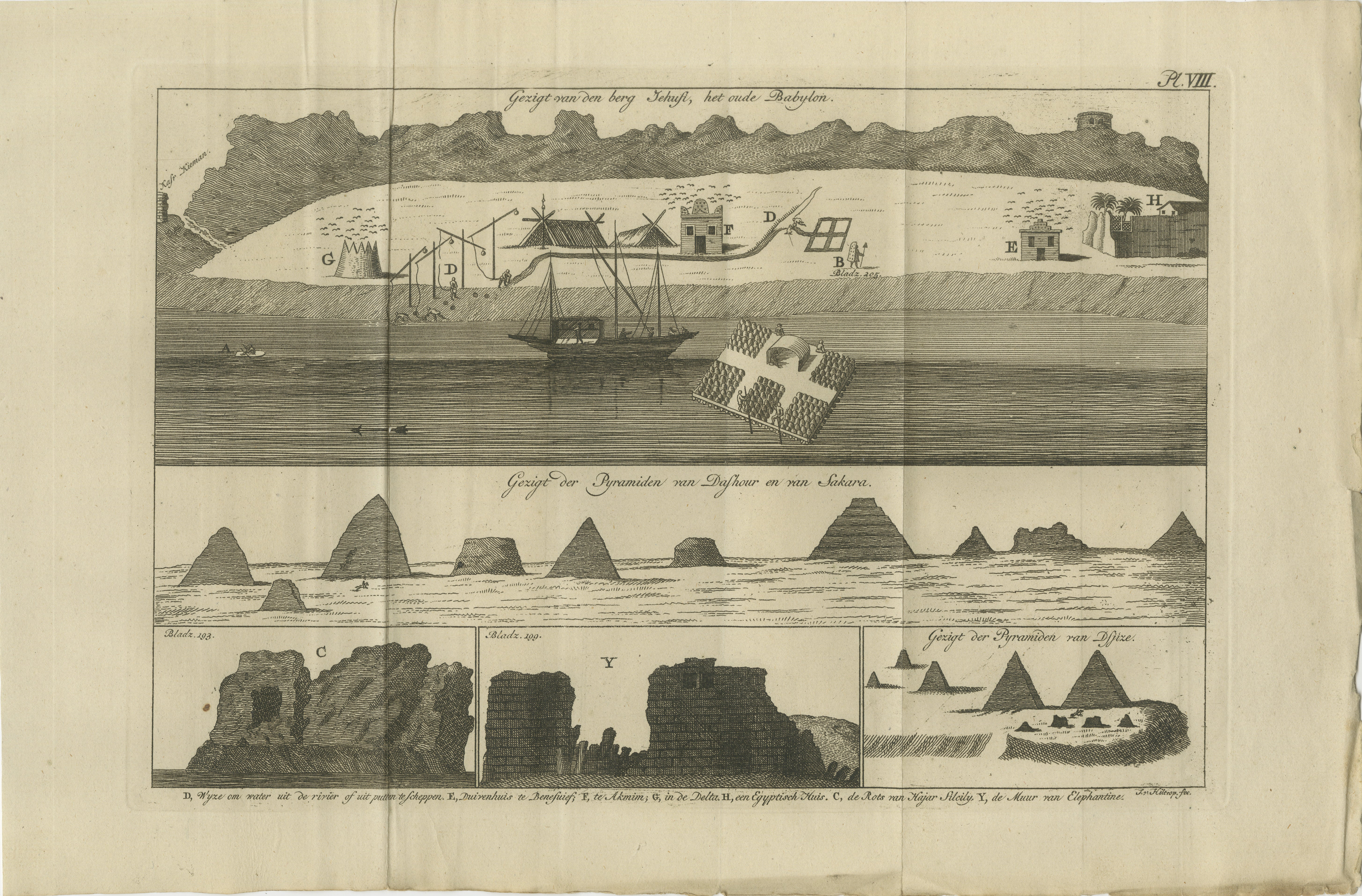 Ansichten der Pyramiden von Saqqara, Dahschur und Theben mit dem antiken Babylon - um 1710

Beschreibung:
Dieser fesselnde Kupferstich aus dem frühen 18. Jahrhundert zeigt mehrere Ansichten altägyptischer Sehenswürdigkeiten, darunter Saqqara,
