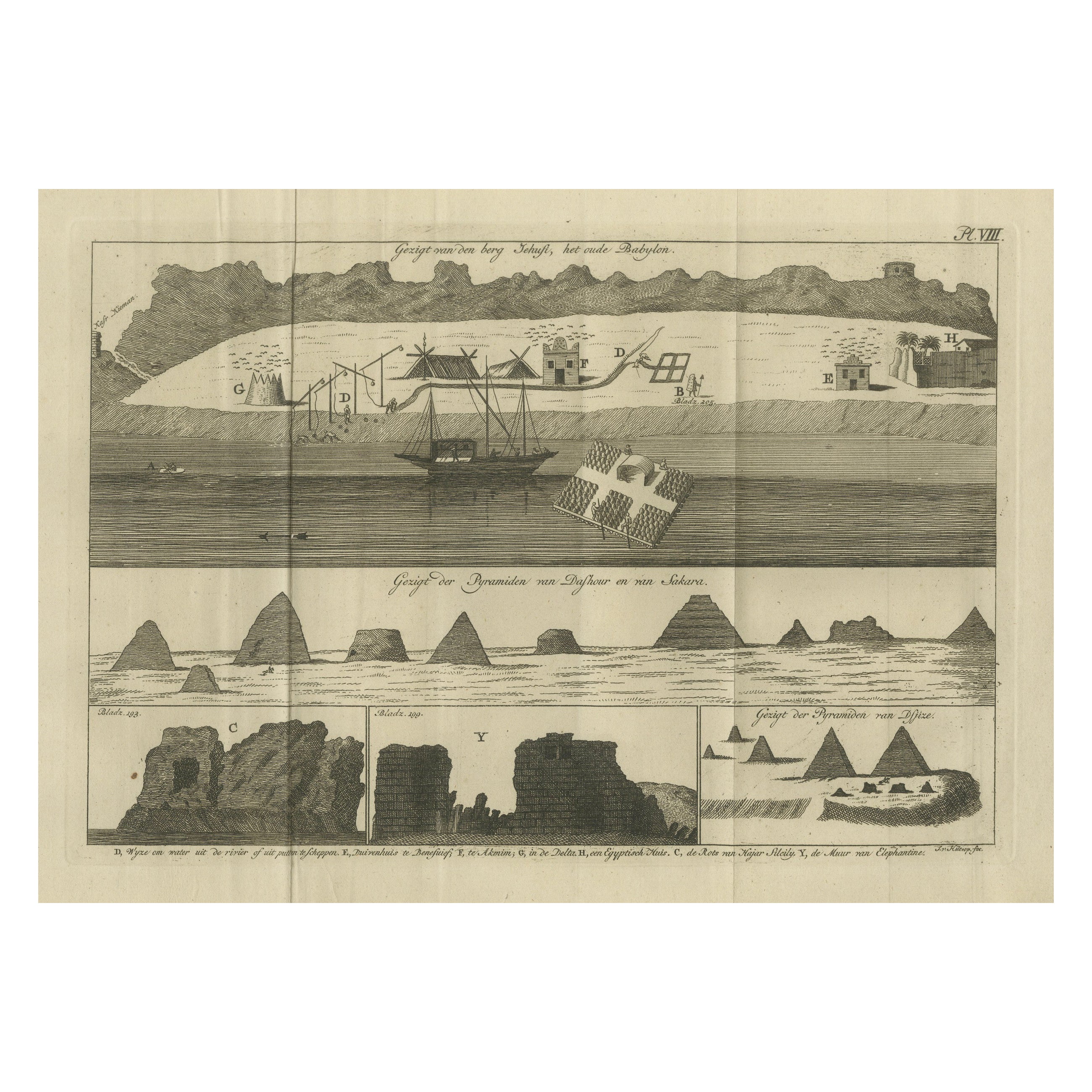 Ansichten der Pyramiden von Saqqara, Dahschur und Theben mit dem antiken Babylon - um 1710 im Angebot