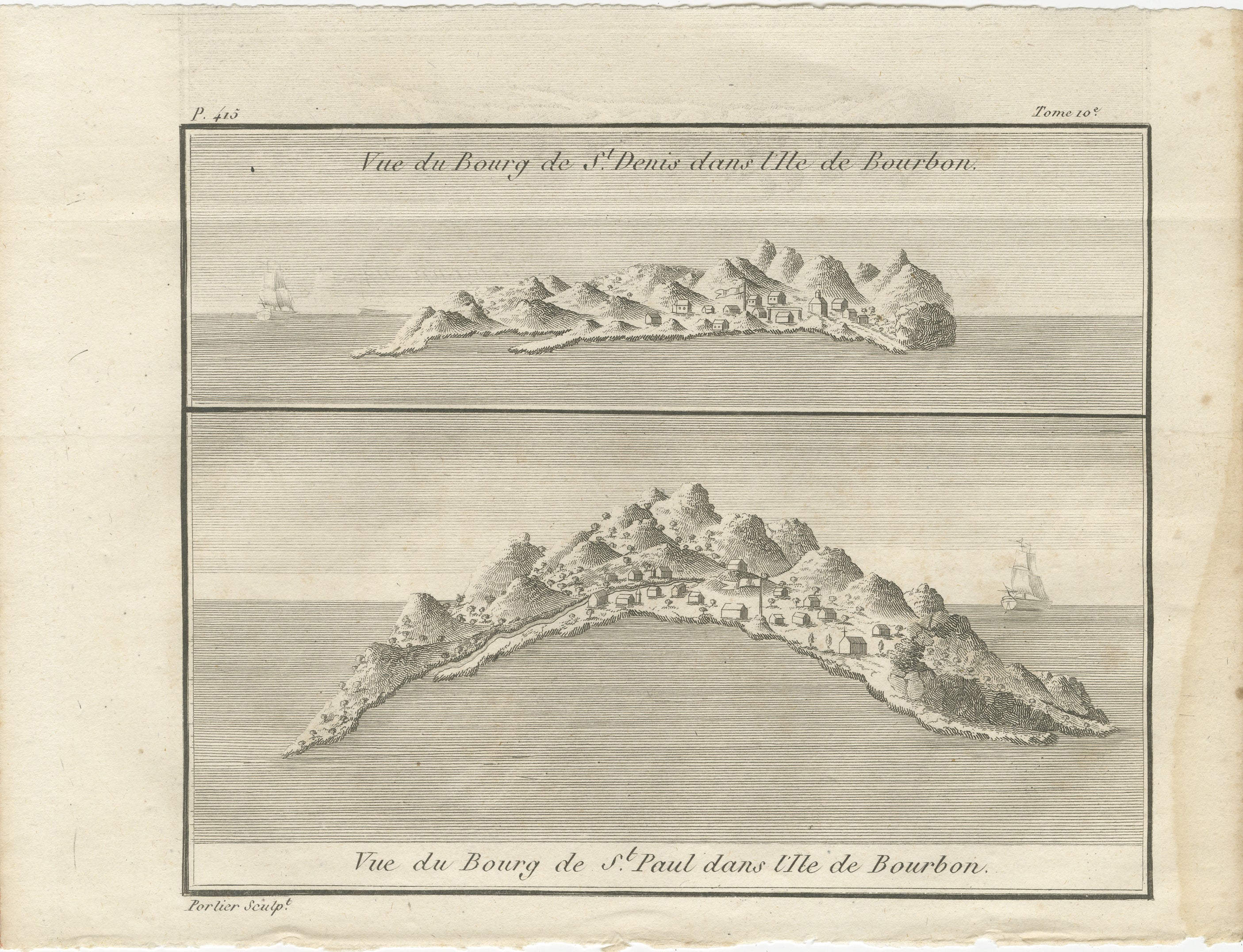 Vistas de San Denis y San Pablo, Isla de Borbón - Grabado francés antiguo de Portier, c.1790

Este antiguo grabado francés de Portier, realizado hacia 1790, presenta dos vistas costeras de asentamientos en la isla de Borbón, nombre que en el siglo