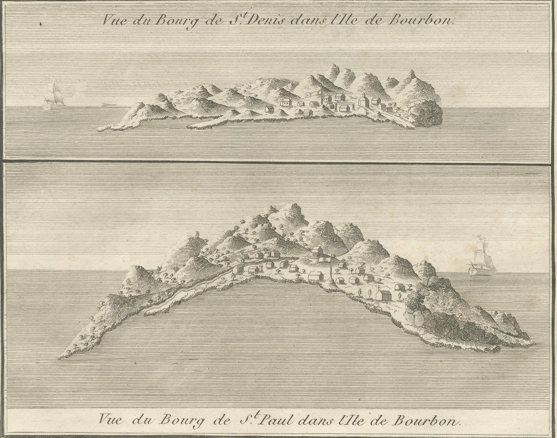 Vistas de San Denis y San Pablo, Isla de Borbón - Grabado francés antiguo, 1790 Francés en venta