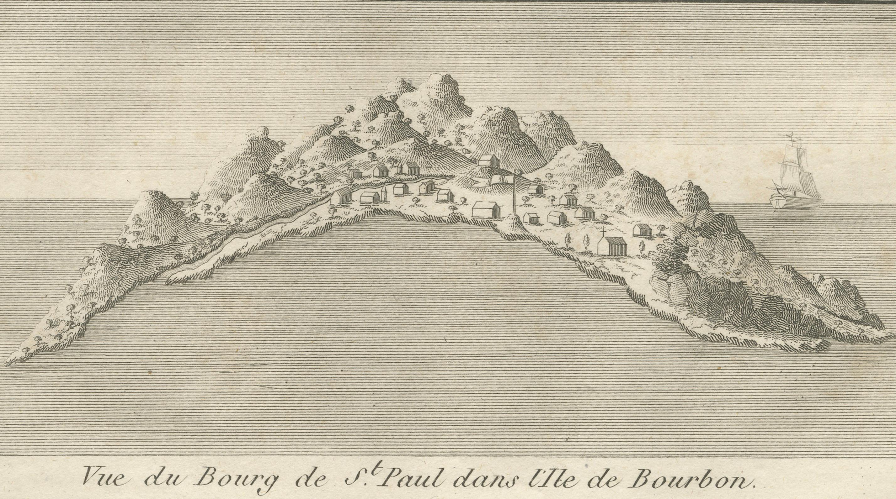 Vistas de San Denis y San Pablo, Isla de Borbón - Grabado francés antiguo, 1790 en Bueno estado para la venta en Langweer, NL