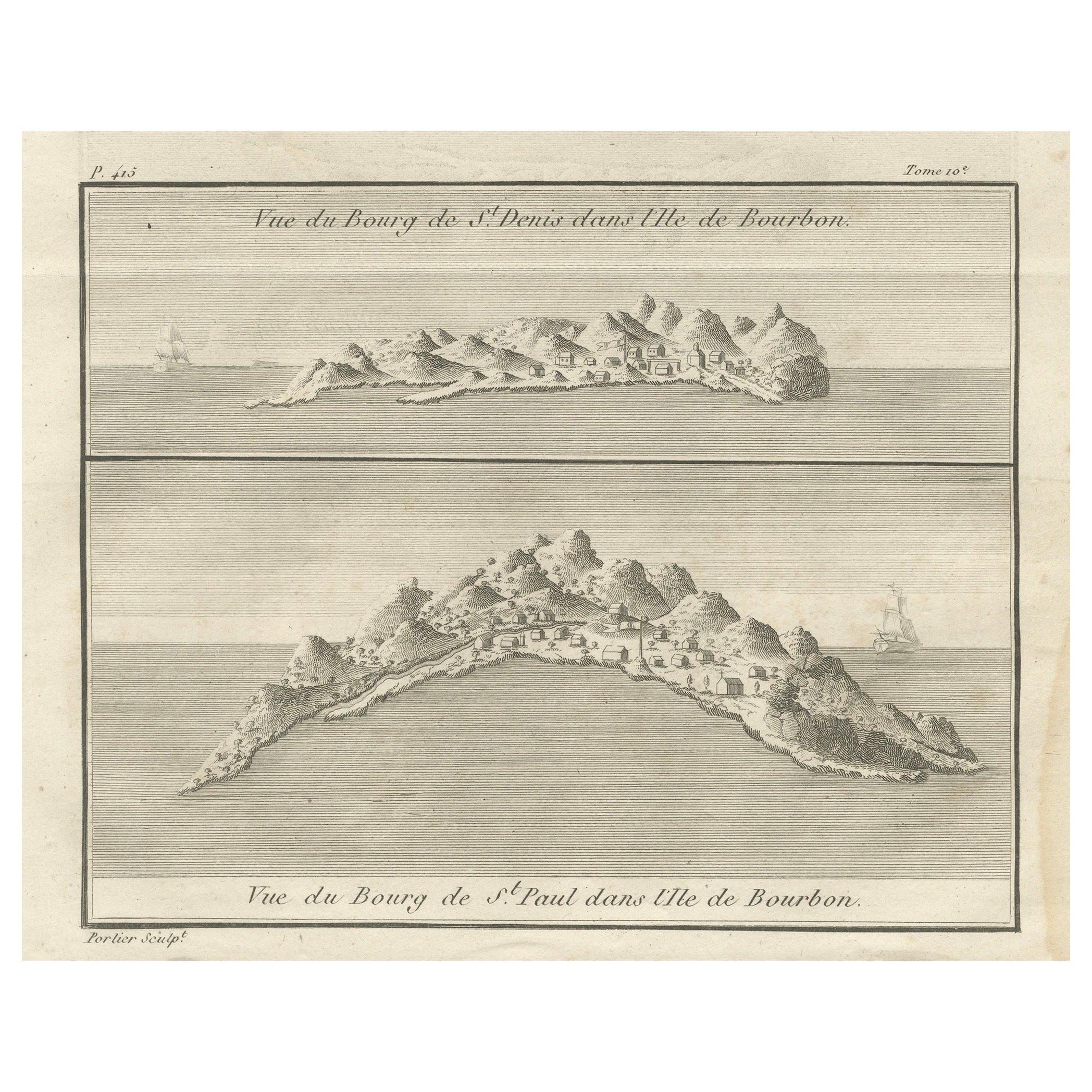 Vistas de San Denis y San Pablo, Isla de Borbón - Grabado francés antiguo, 1790 en venta