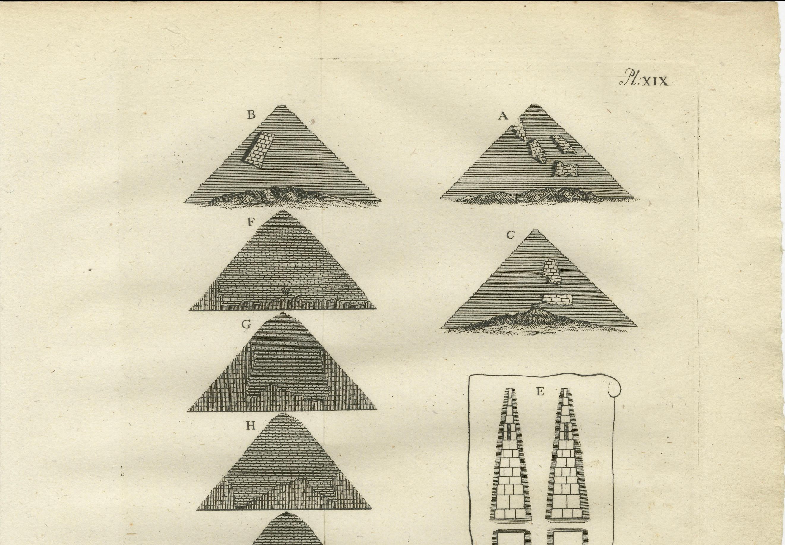 Título: Vistas de las pirámides de Dashur y plano de la falsa pirámide - Egipto Grabado, 1776

Descripción:
Este grabado original de 1776 presenta una serie de vistas y diagramas arquitectónicos de las pirámides situadas en Dashur, al sur de El