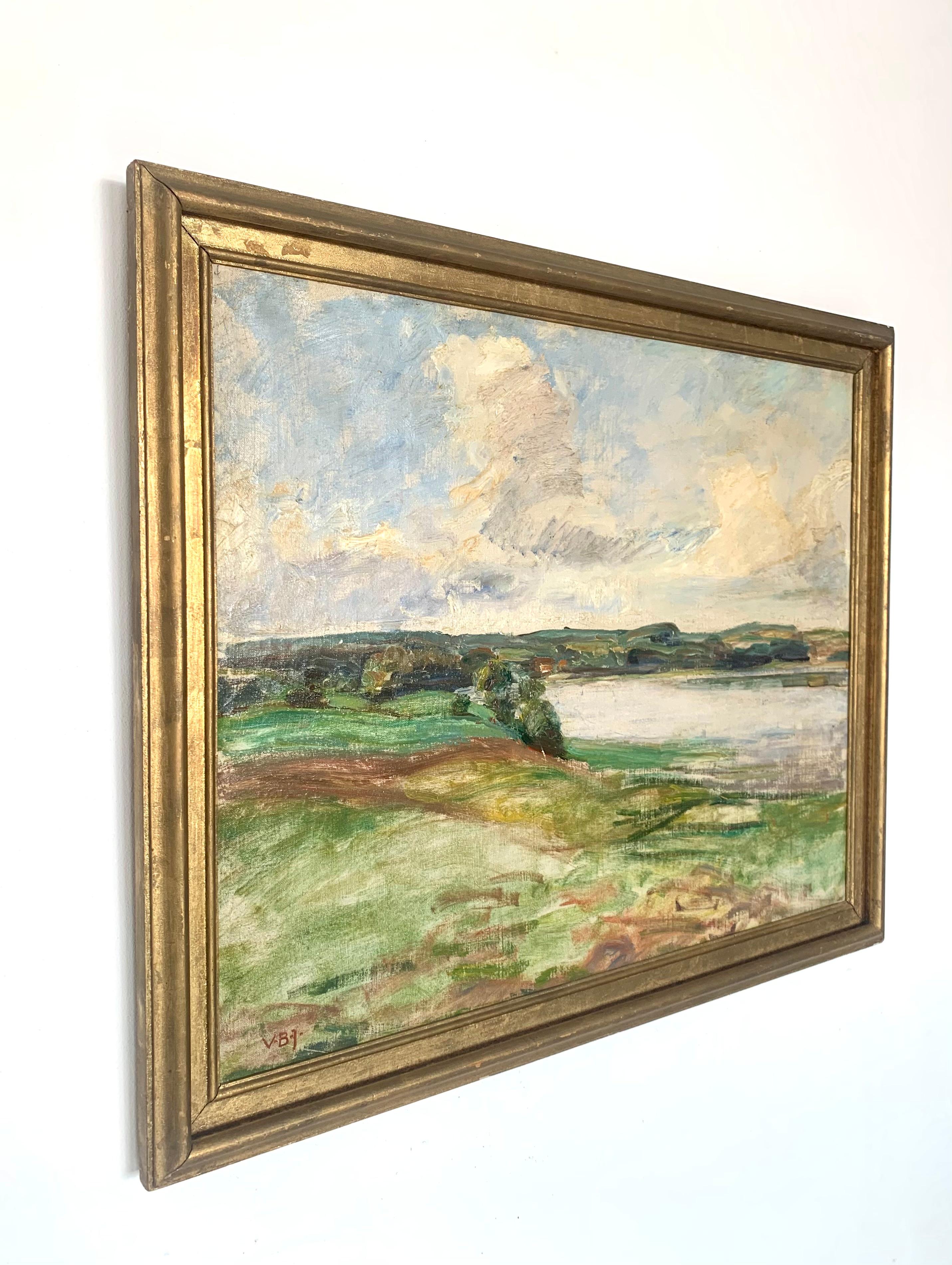 Mid-Century Modern Viggo Bertram Jacobsen (1900-1969) peinture à l'huile du milieu du siècle représentant un paysage côtier en vente