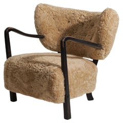 Viggo Boesen 'Attributed' Lounge Chair, Stained Wood, Shearling, Denmark, 1940s