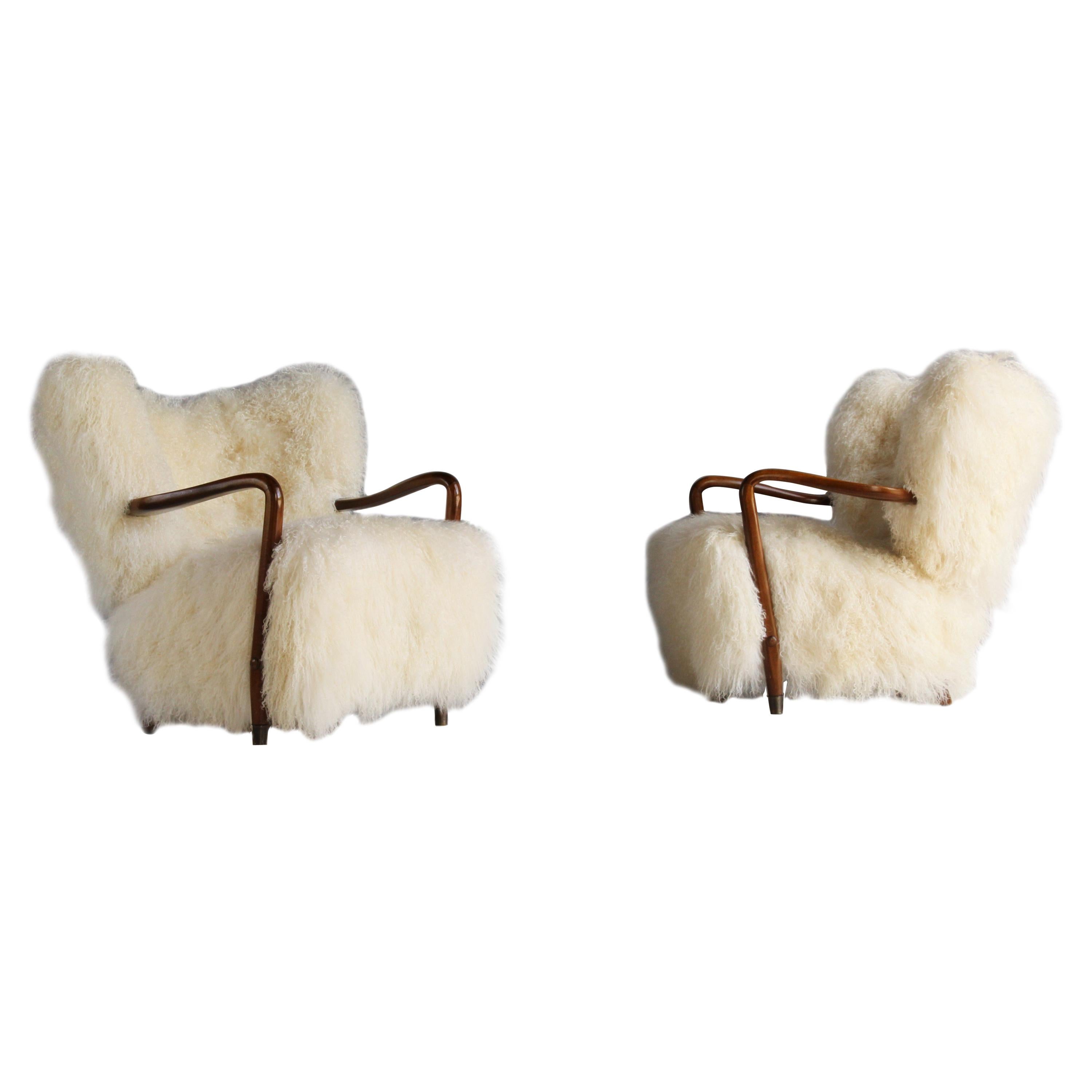 Viggo Boesen ‘Attributed’ Lounge Chairs, Stained Beech, Lambskin, Brass, 1940s