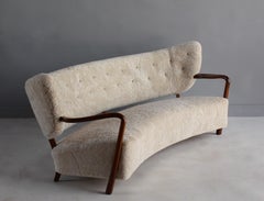 Viggo Boesen 'Attribution', Curved Modernist Sofa, Beech, Sheepskin, 1940s