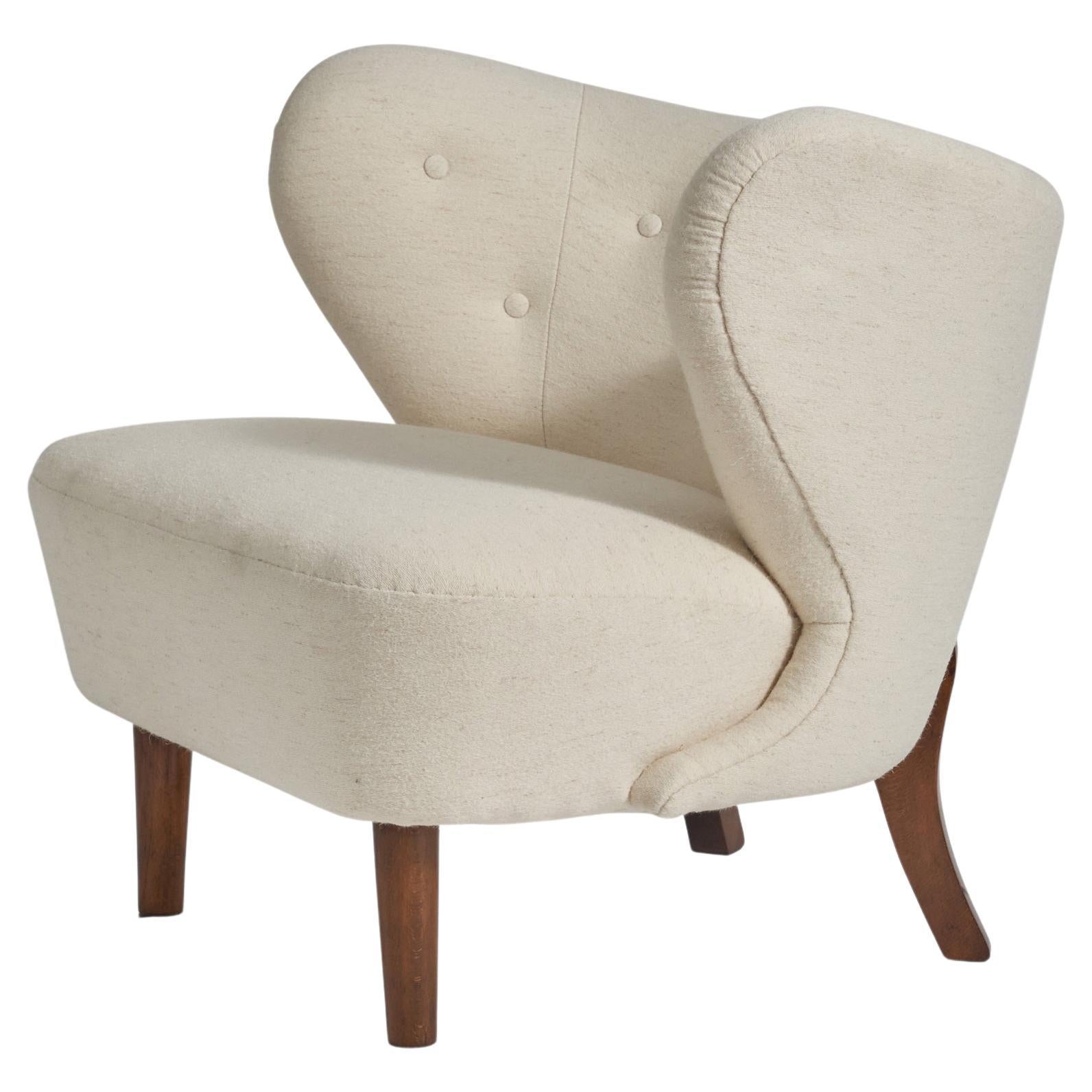 Viggo Boesen Attribution, Lounge Chair, White Fabric, Beech, Denmark, 1940s