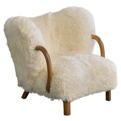 Viggo Boesen Attribution, Lounge Chair, Wood, Shearling, Denmark, 1940s