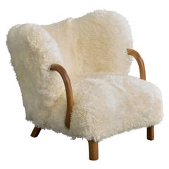 Viggo Boesen Attribution, Lounge Chair, Wood, Shearling, Denmark, 1940s