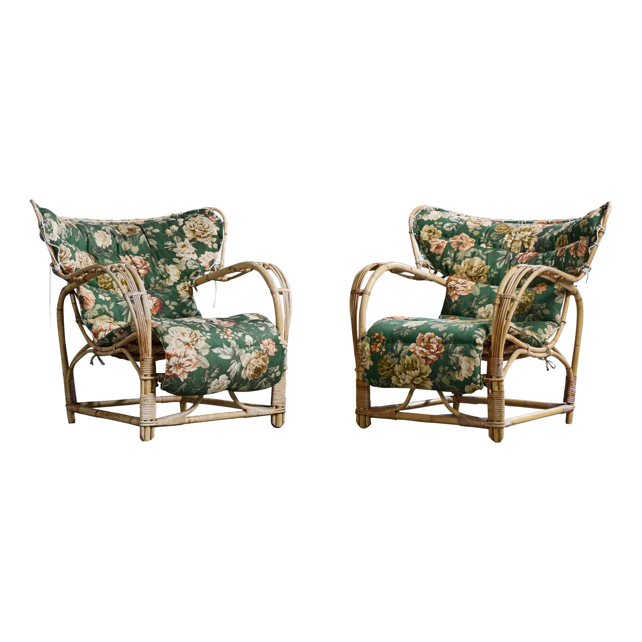 Viggo Boesen Attribution, Lounge Chairs, Bamboo, Rattan, Fabric, Sweden, 1950s