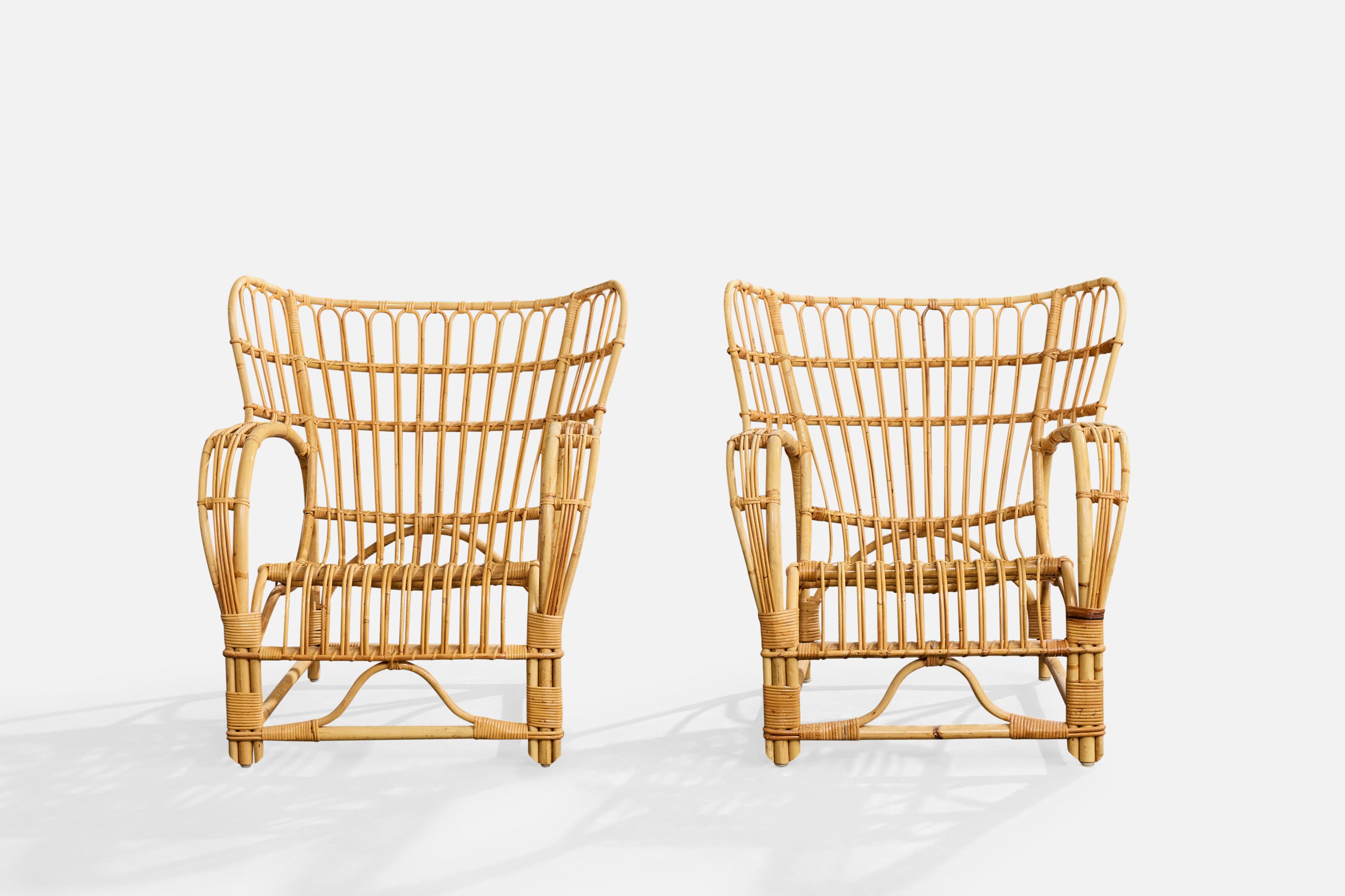 Viggo Boesen Attribution, Lounge Chairs, Bamboo, Rattan, Sweden, 1950s (Schwedisch) im Angebot
