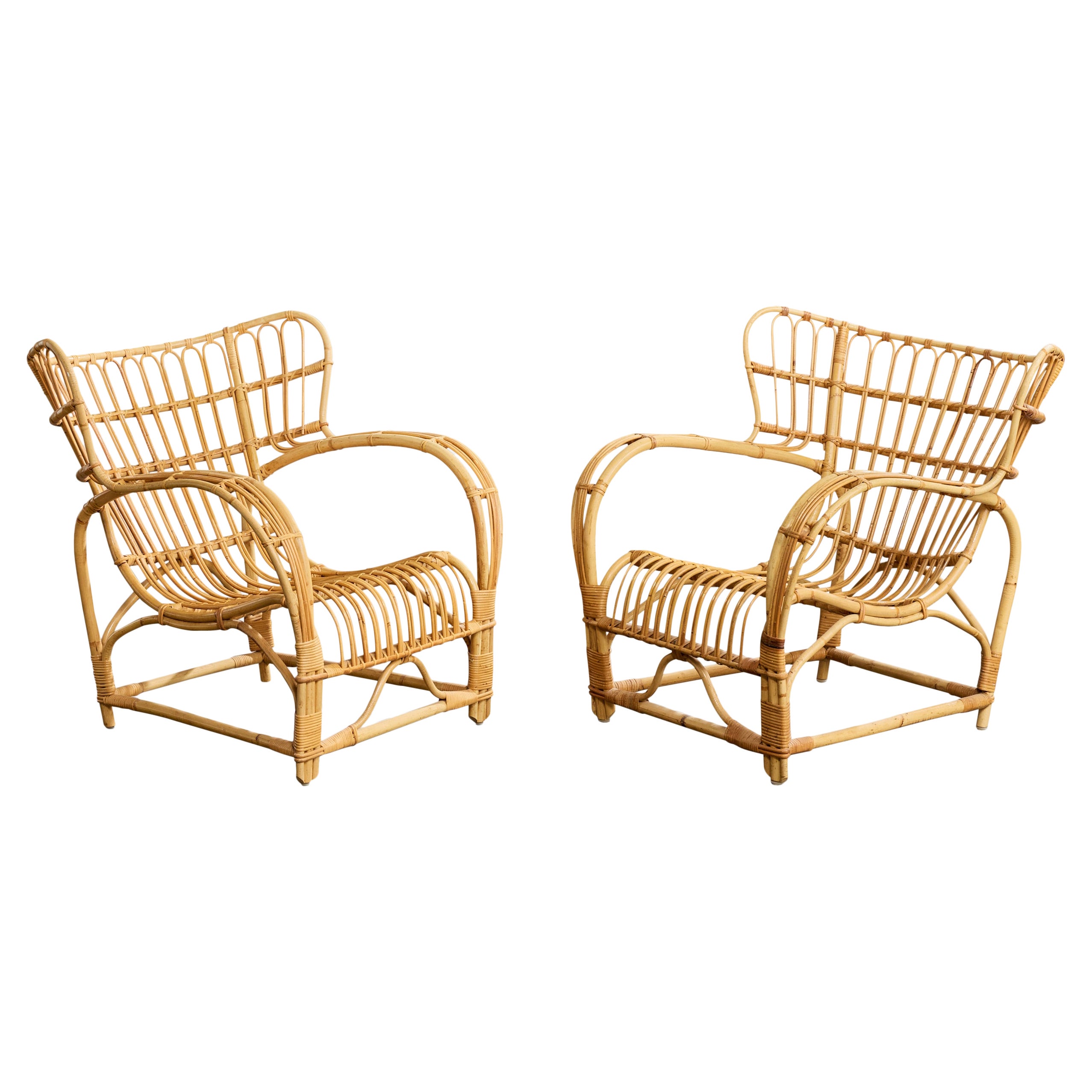 Viggo Boesen Attribution, Lounge Chairs, Bamboo, Rattan, Sweden, 1950s im Angebot