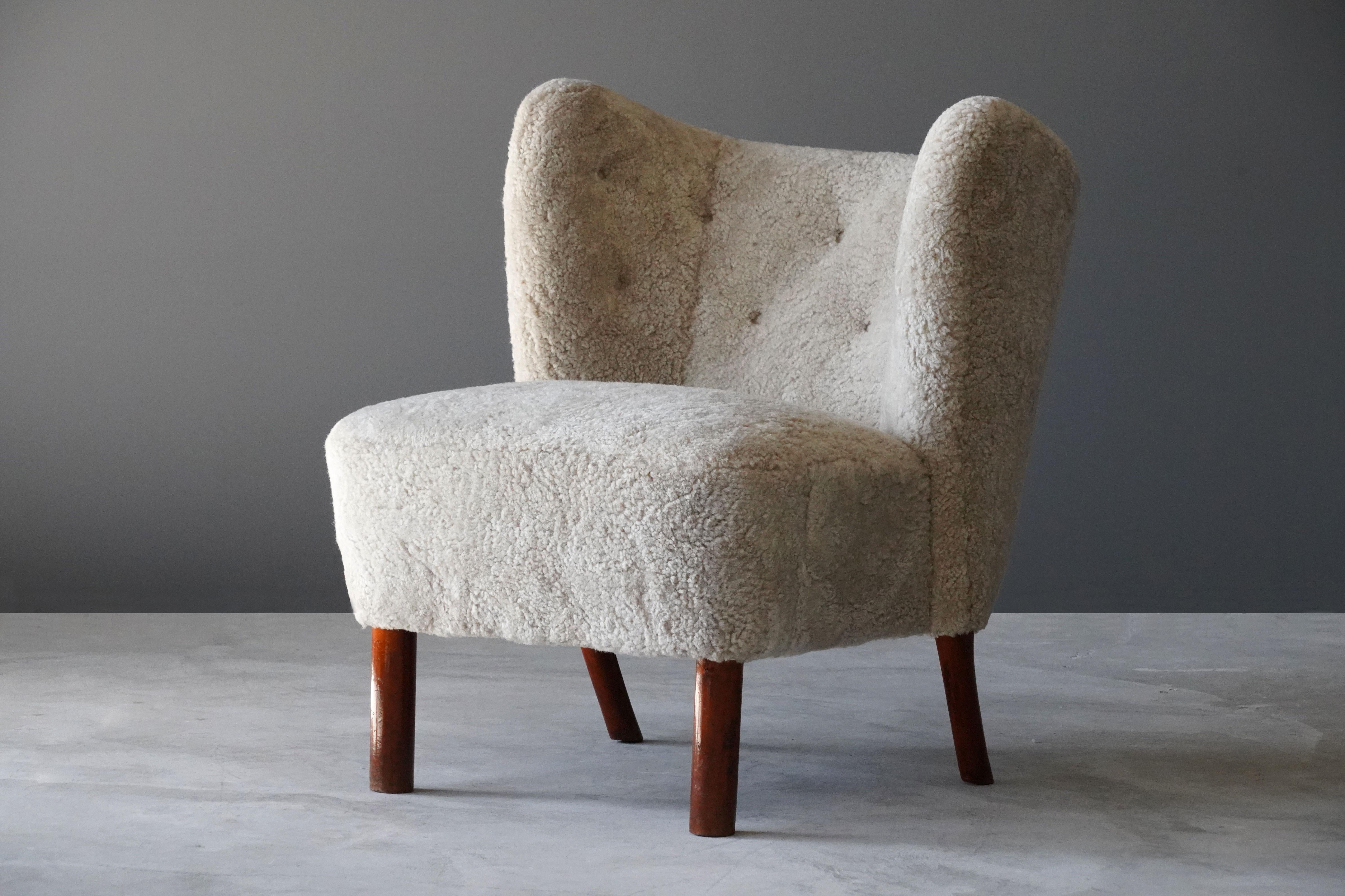 Viggo Boesen 'Attribution' Organic Lounge Chair, Sheepskin, Beech, Denmark In Good Condition In High Point, NC