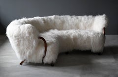 Viggo Boesen 'Attribution' Rare Curved Sofa, Wood White Sheepskin, Denmark 1940s