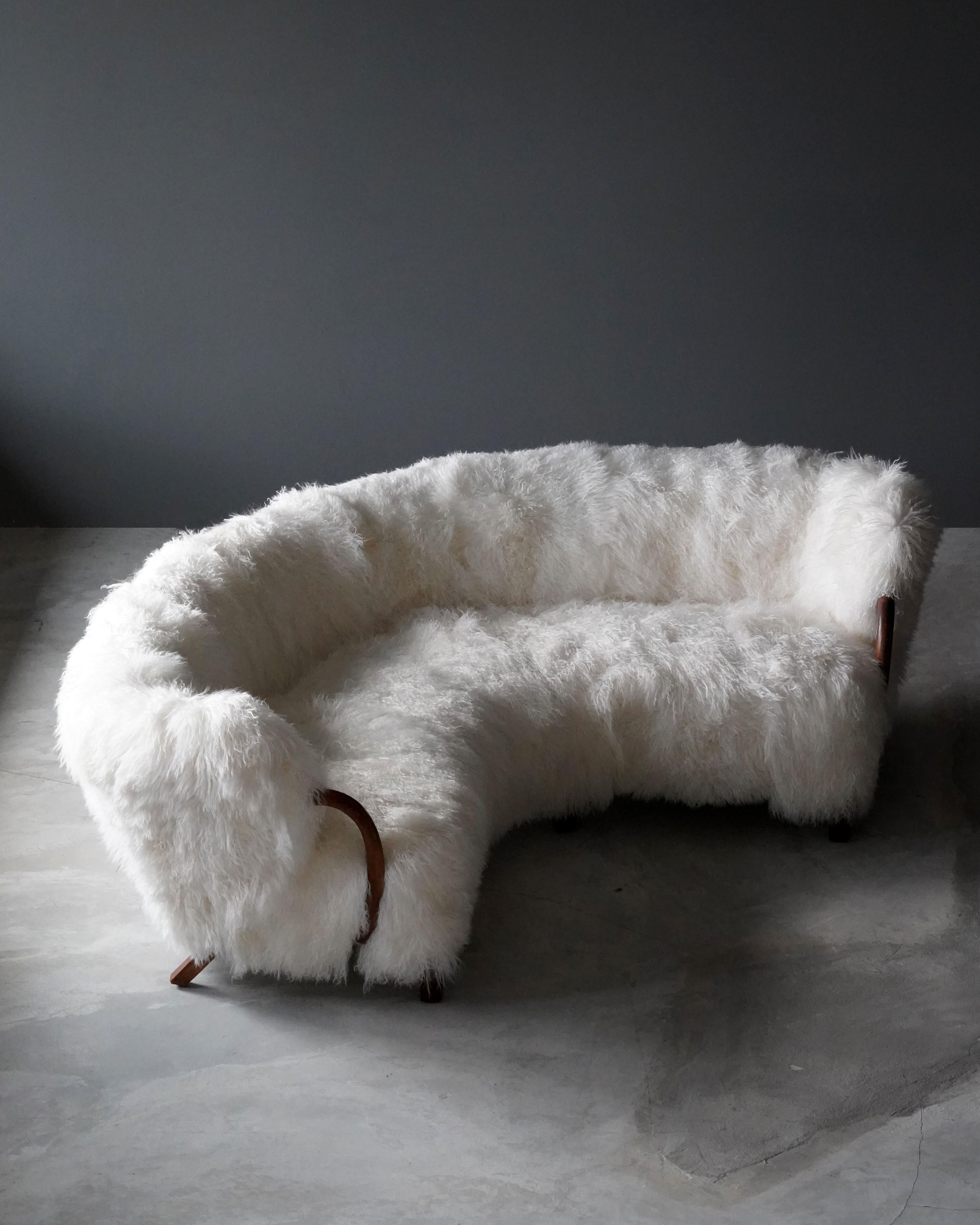 Danish Viggo Boesen 'Attribution' Rare Curved Sofa, Wood White Sheepskin, Denmark 1940s