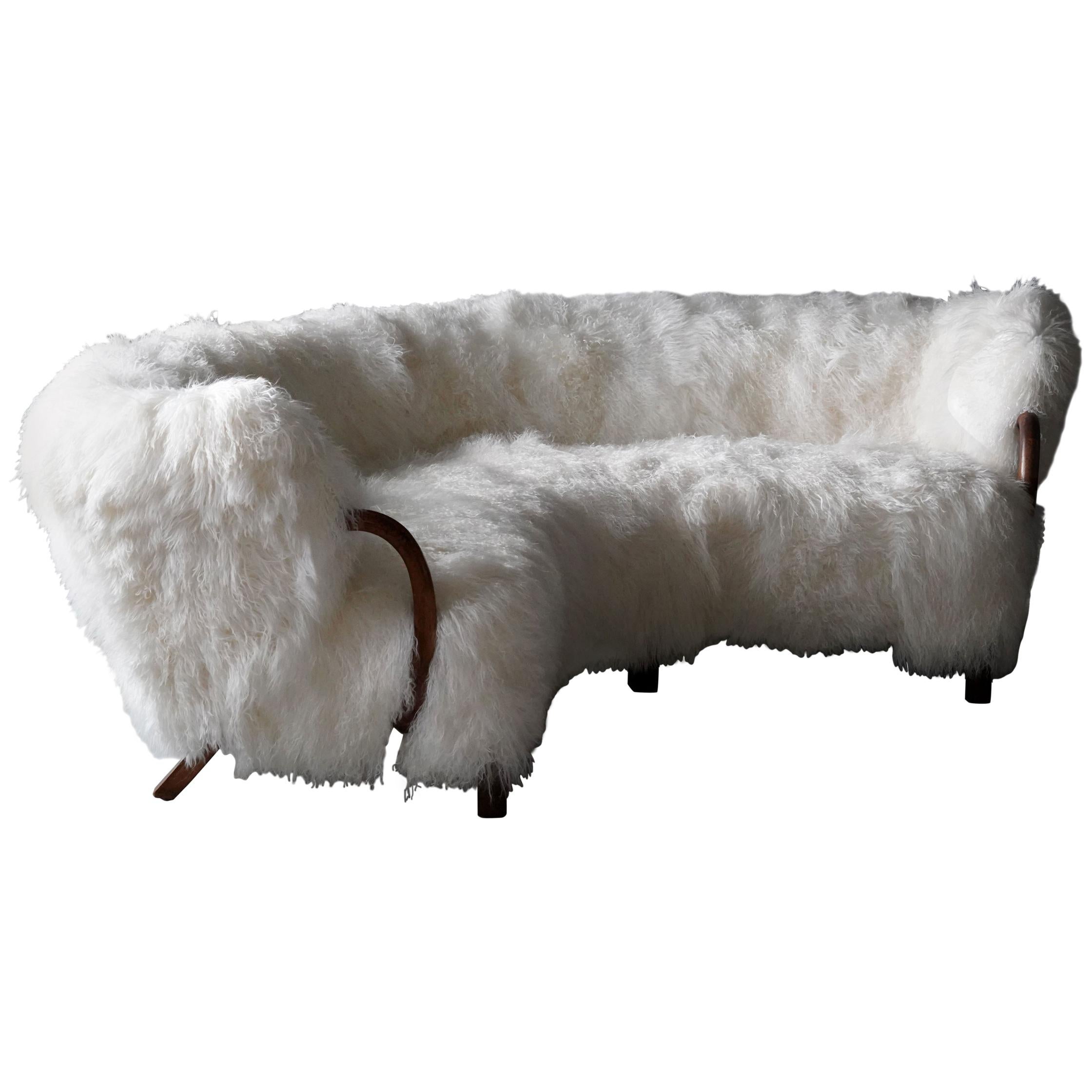 Viggo Boesen 'Attribution' Rare Curved Sofa, Wood White Sheepskin, Denmark 1940s