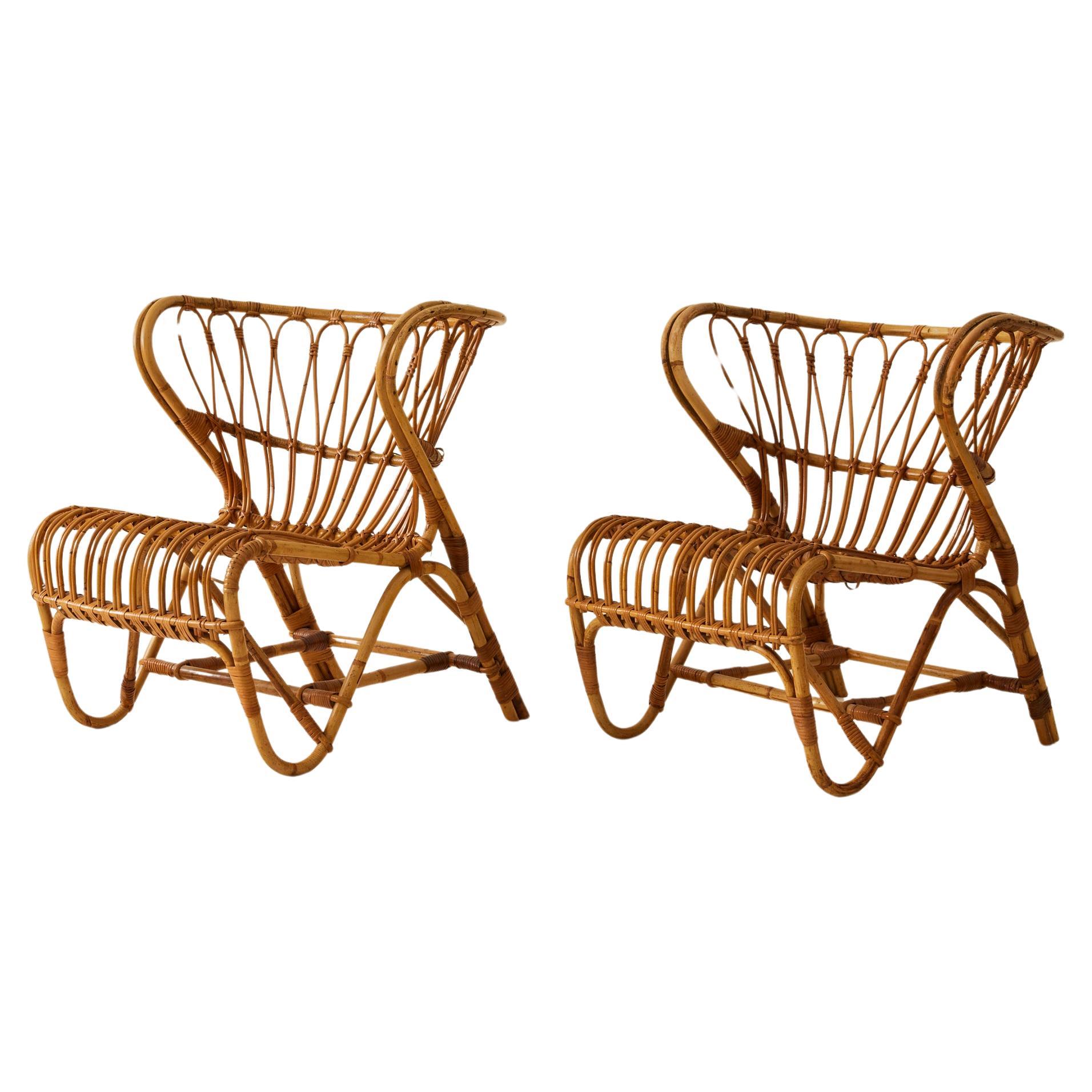 Viggo Boesen Danish Rattan “Fox Chairs”, a Pair, Mid Century, 1960
s For Sale