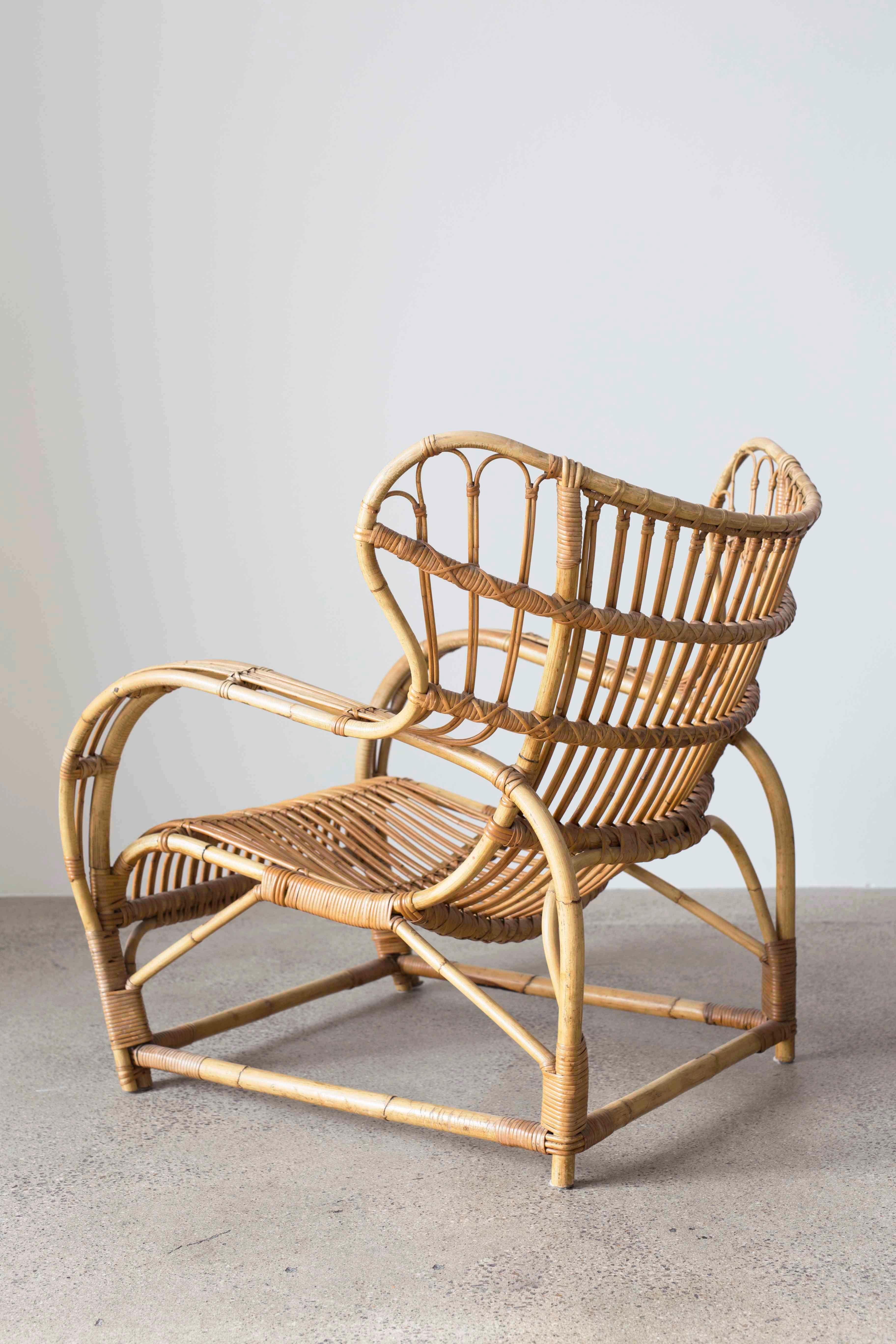 Rare Viggo Boesen rattan easy chair designed 1938 and made at E.V.A. Nissen & Co., Denmark.