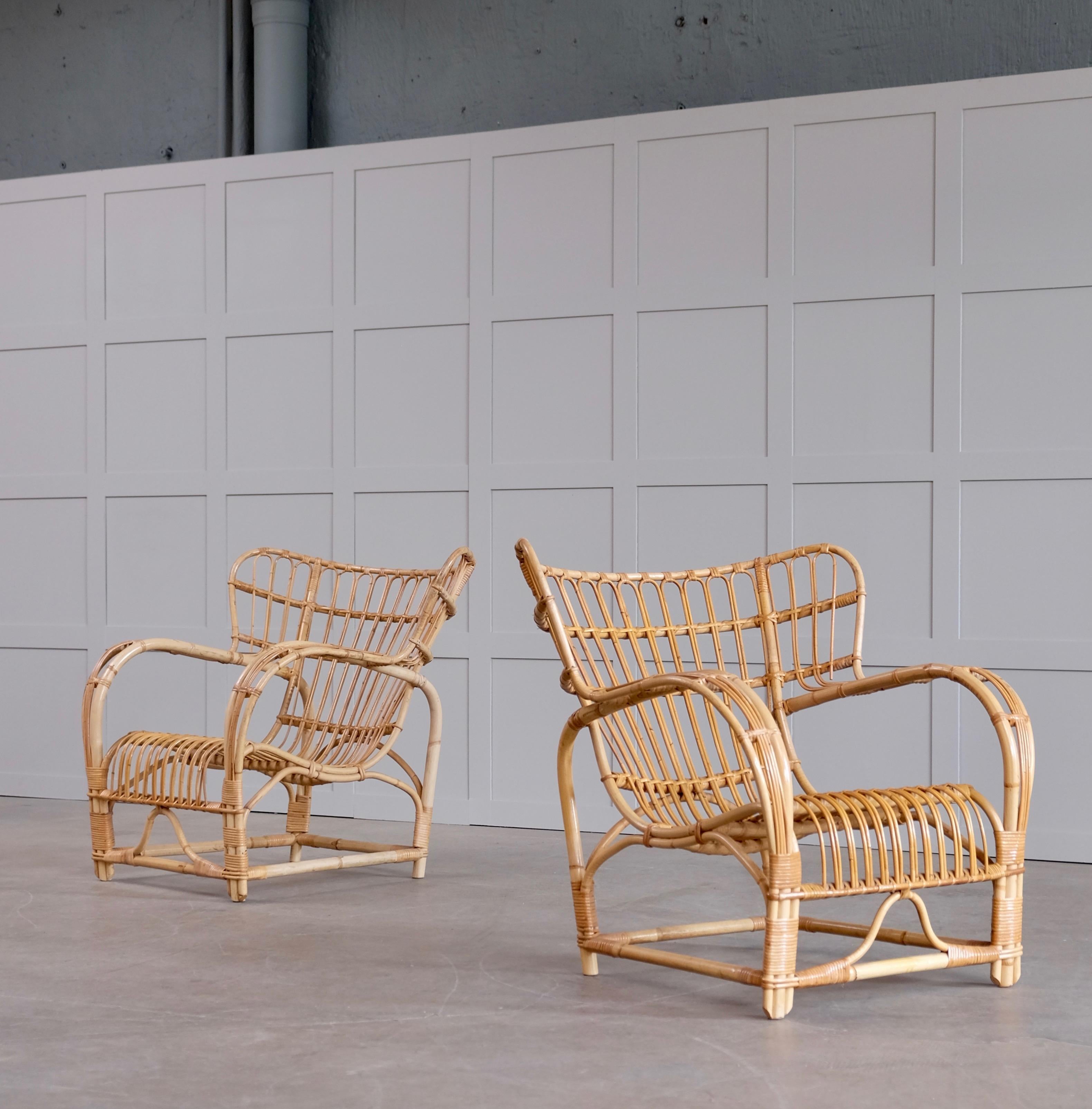 Rattan Viggo Boesen Easy Chairs, 1950s