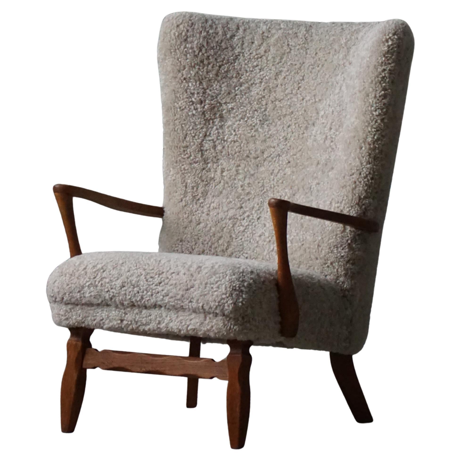 Viggo Boesen, Highback Chair in Oak
Shearling Lambswool, Danish Modern, 1950s