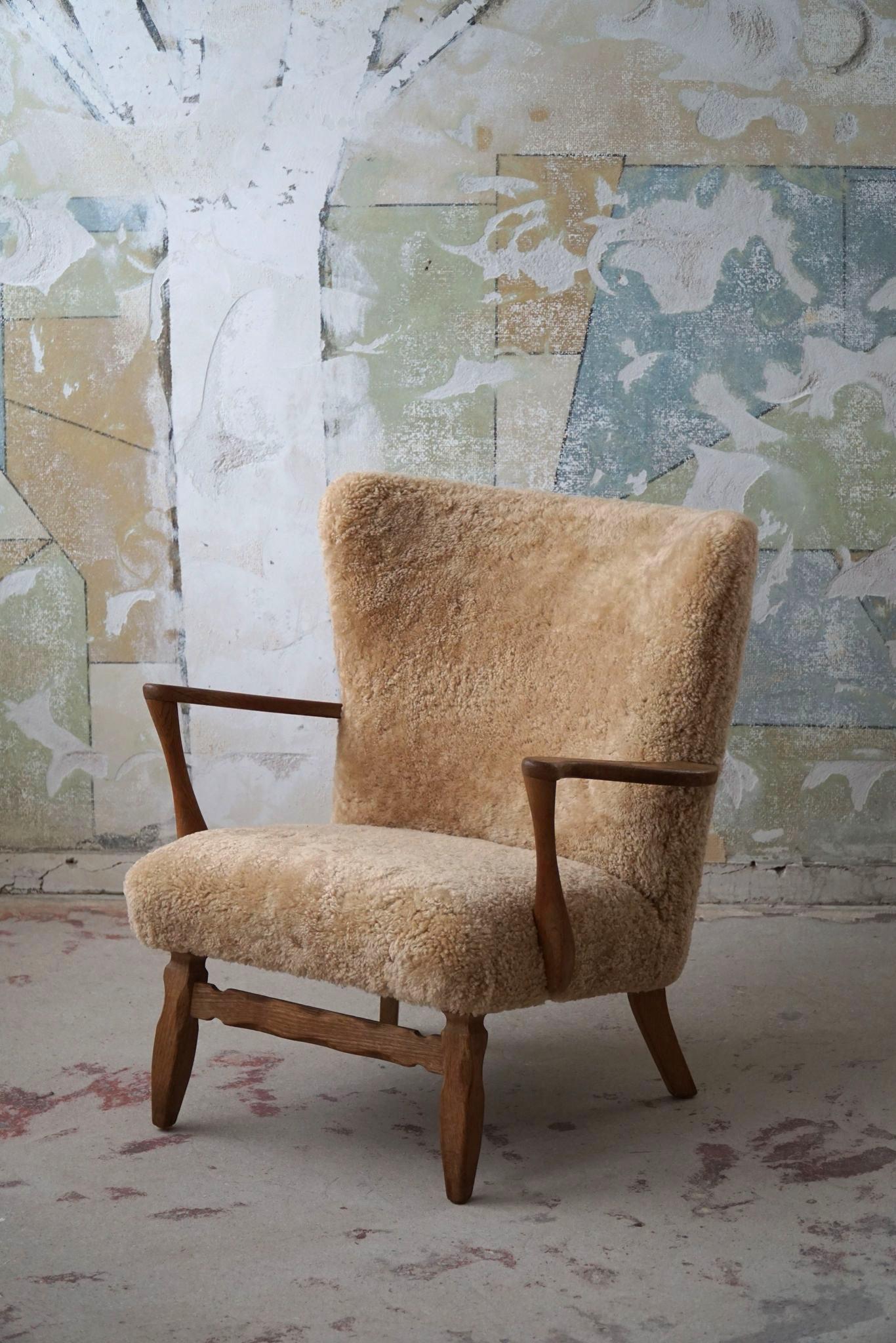 Viggo Boesen, Lounge Chair in Oak & Shearling Lambswool, Danish Modern, 1950s 6
