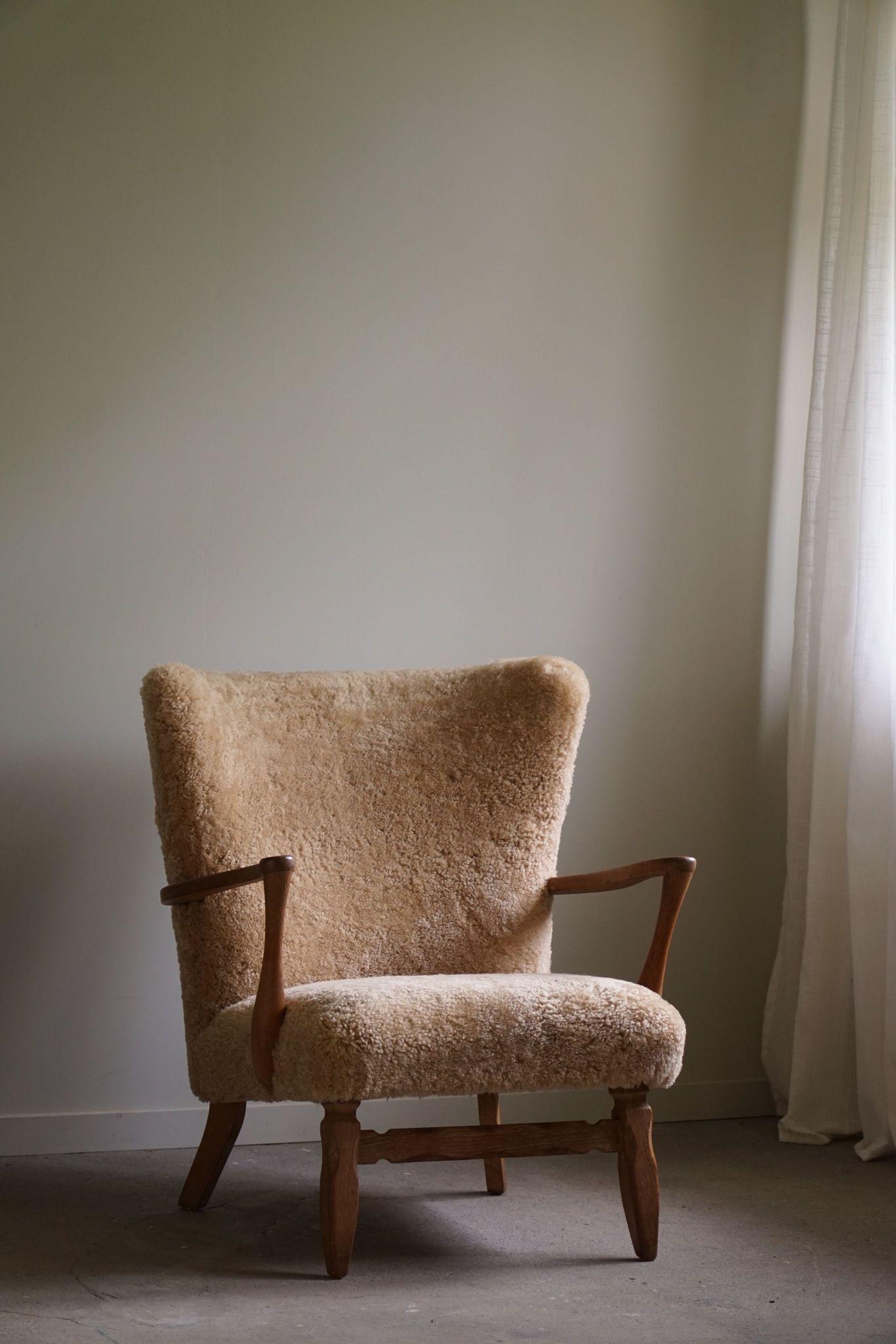 Viggo Boesen, Lounge Chair in Oak & Shearling Lambswool, Danish Modern, 1950s 8