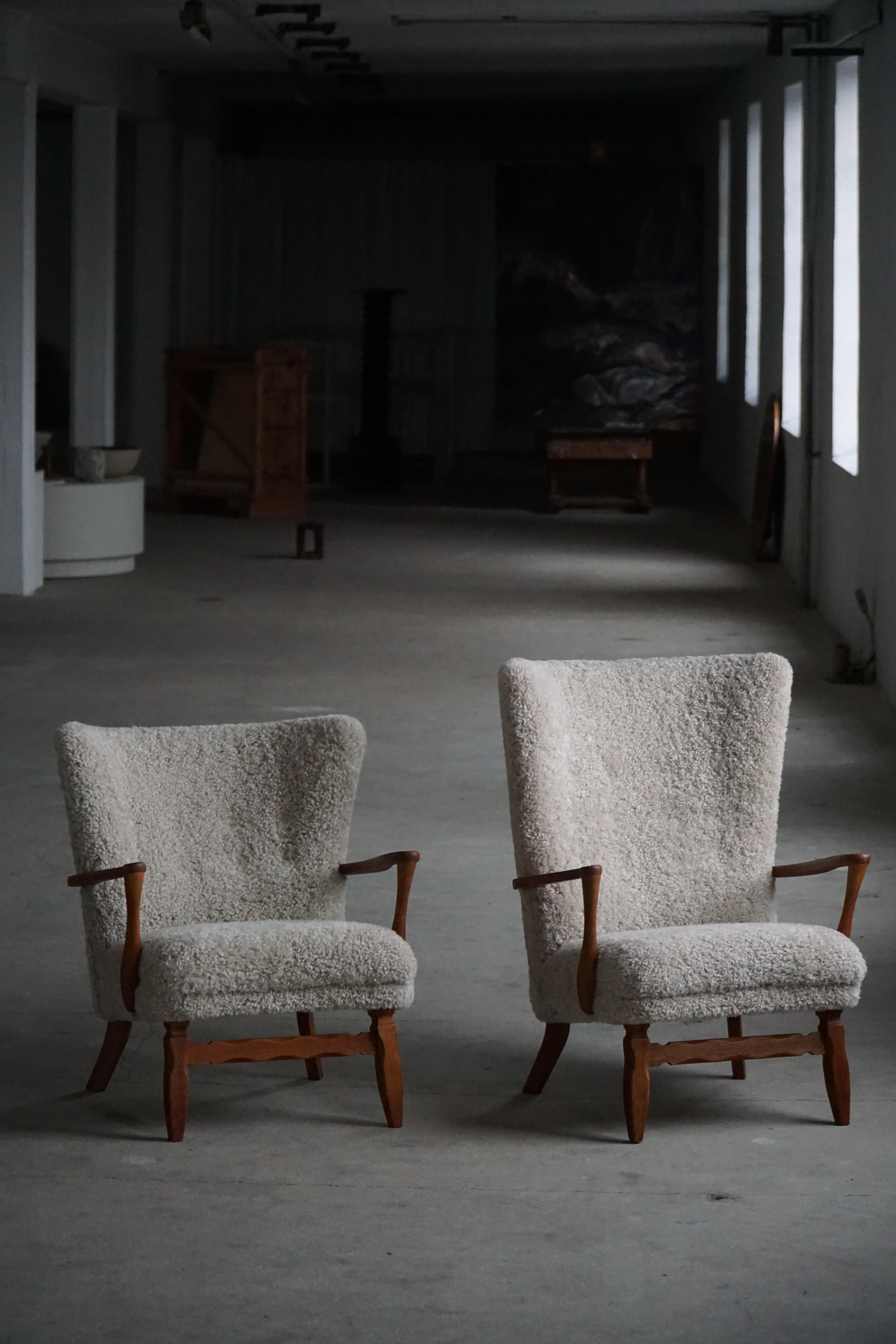 Viggo Boesen, Silla de salón en madera de roble y lana de cordero Shearling, estilo moderno danés, años 50 en venta 9