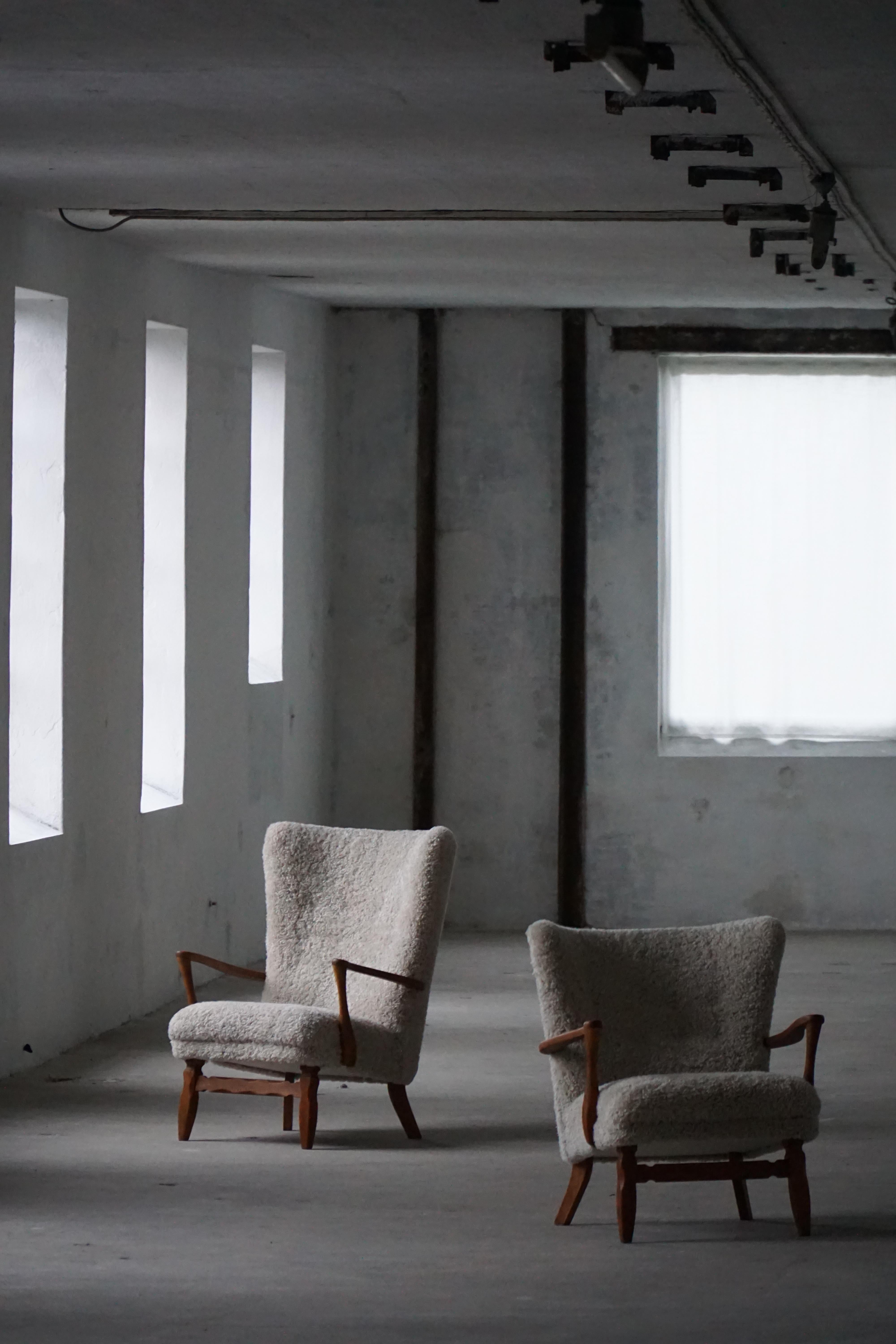 Viggo Boesen, Silla de salón en madera de roble y lana de cordero Shearling, estilo moderno danés, años 50 en venta 13