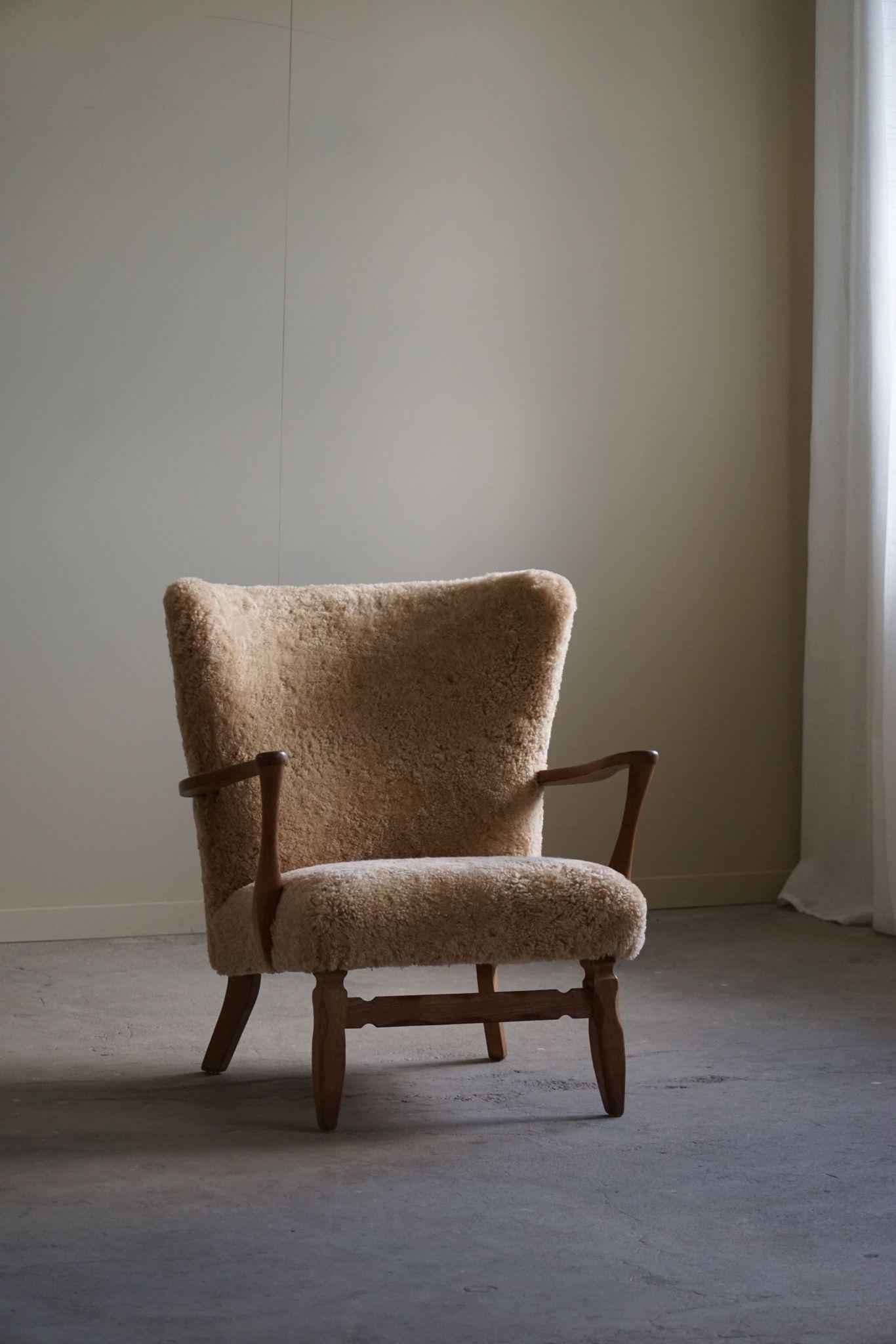 Lambskin Viggo Boesen, Lounge Chair in Oak & Shearling Lambswool, Danish Modern, 1950s