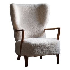 Viggo Boesen, Lounge Chair in Oak 
Shearling Lambswool, Danish Modern, 1950s