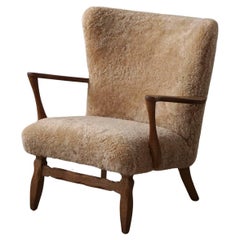 Viggo Boesen, Lounge Chair in Oak & Shearling Lambswool, Danish Modern, 1950s