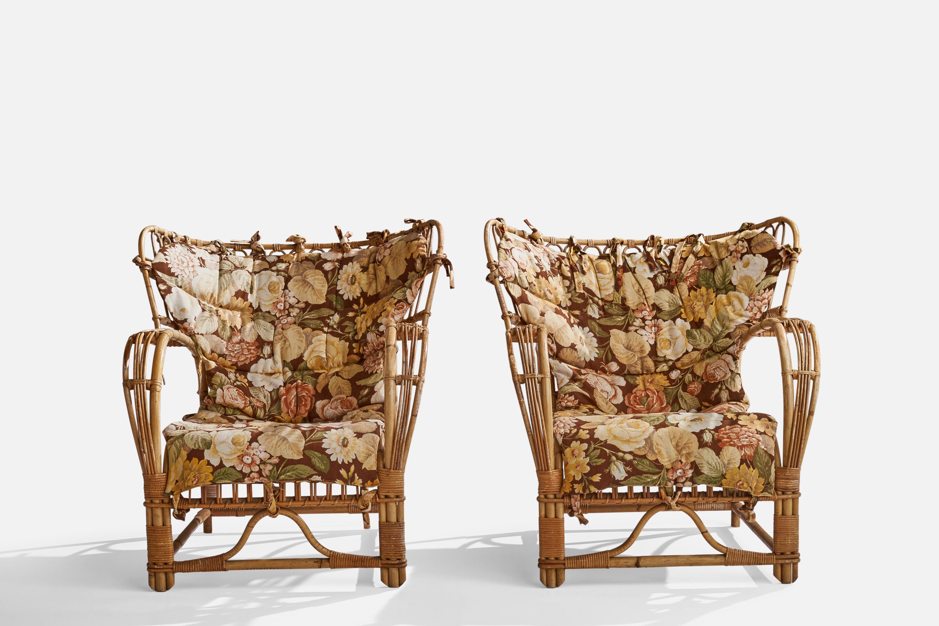 Swedish Viggo Boesen, Lounge Chairs, Bamboo, Rattan, Fabric, Sweden, 1940s For Sale