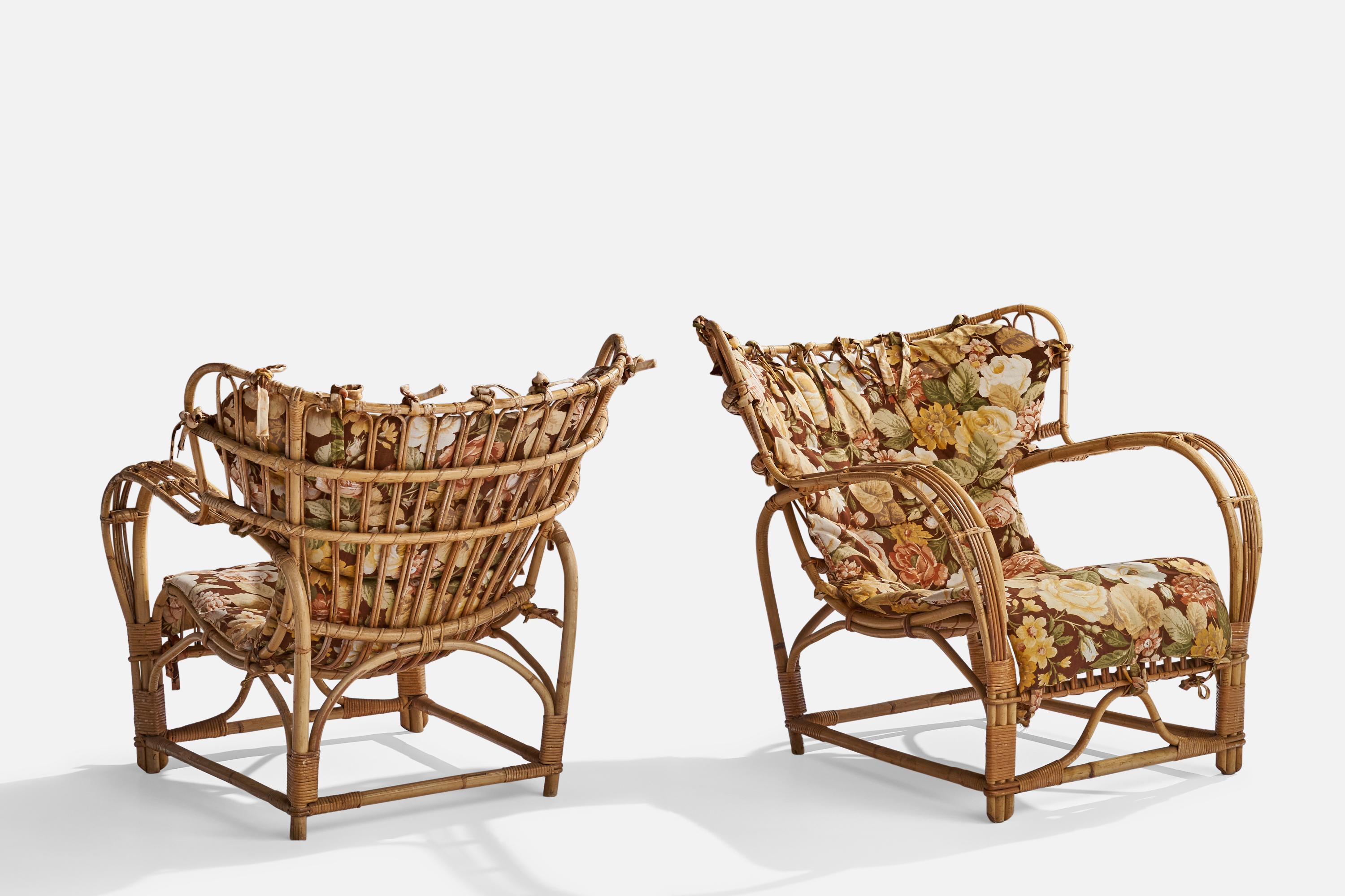 Viggo Boesen, Lounge Chairs, Bamboo, Rattan, Fabric, Sweden, 1940s In Good Condition For Sale In High Point, NC