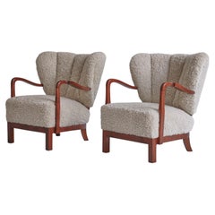 Vintage Viggo Boesen Lounge Chairs in Nutwood and Sheepskin, 1930s Danish Modern