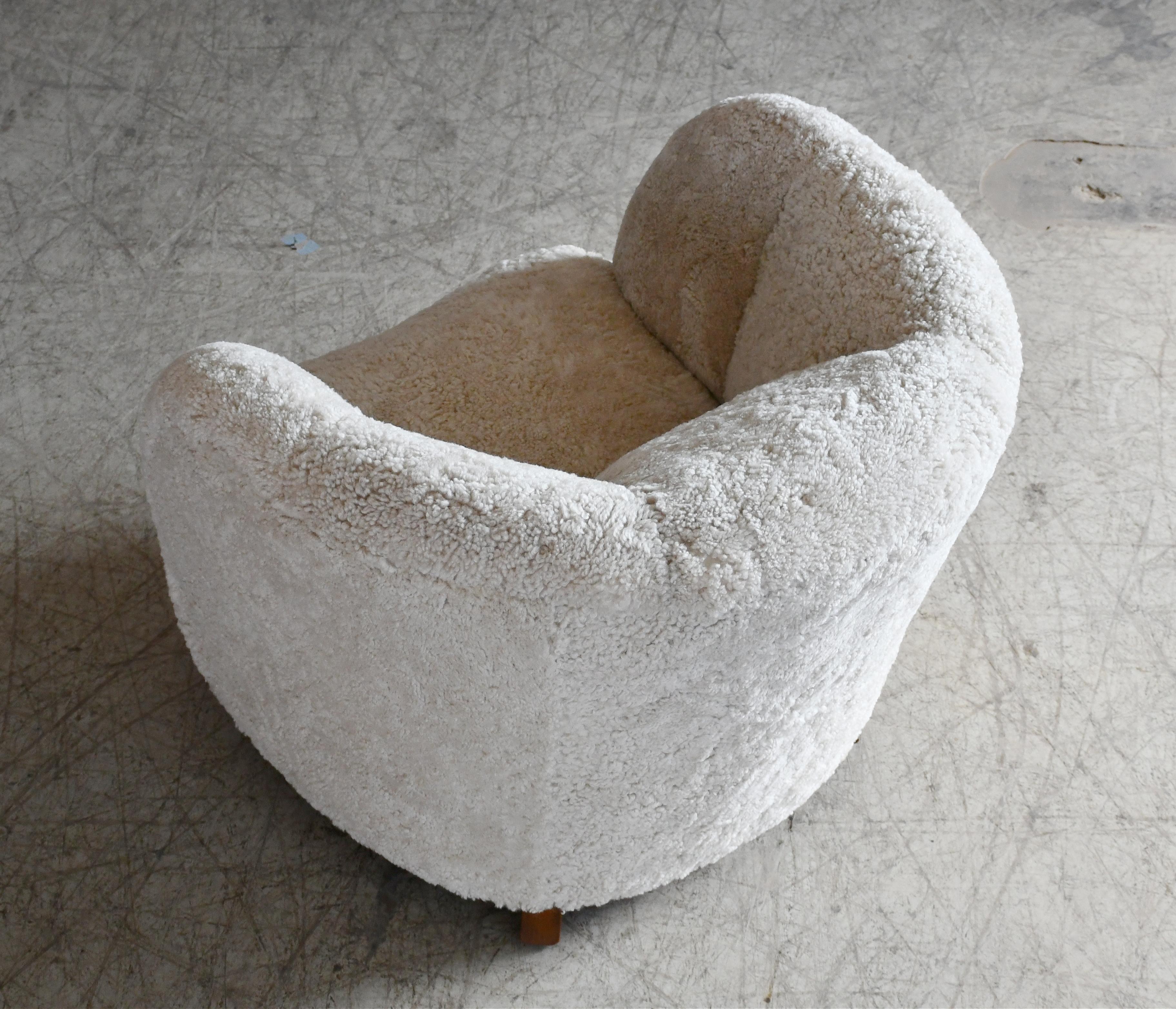 Beech Viggo Boesen Style 1940s Danish Low Club or Lounge Chair in Pearl Sheepskin For Sale