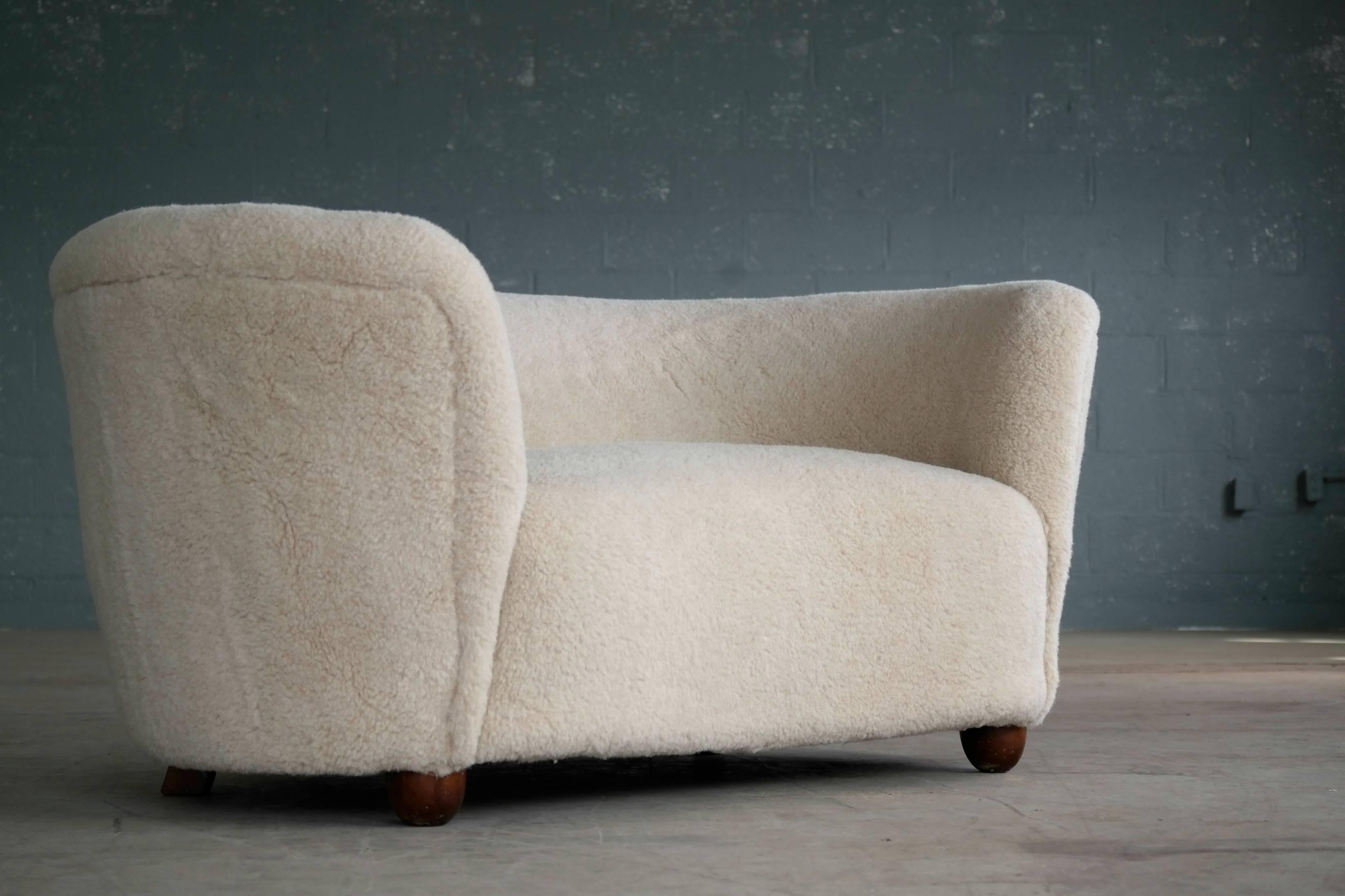 Danish Viggo Boesen Style Banana Shaped Curved Loveseat or Sofa Covered in Lambs, 1940s