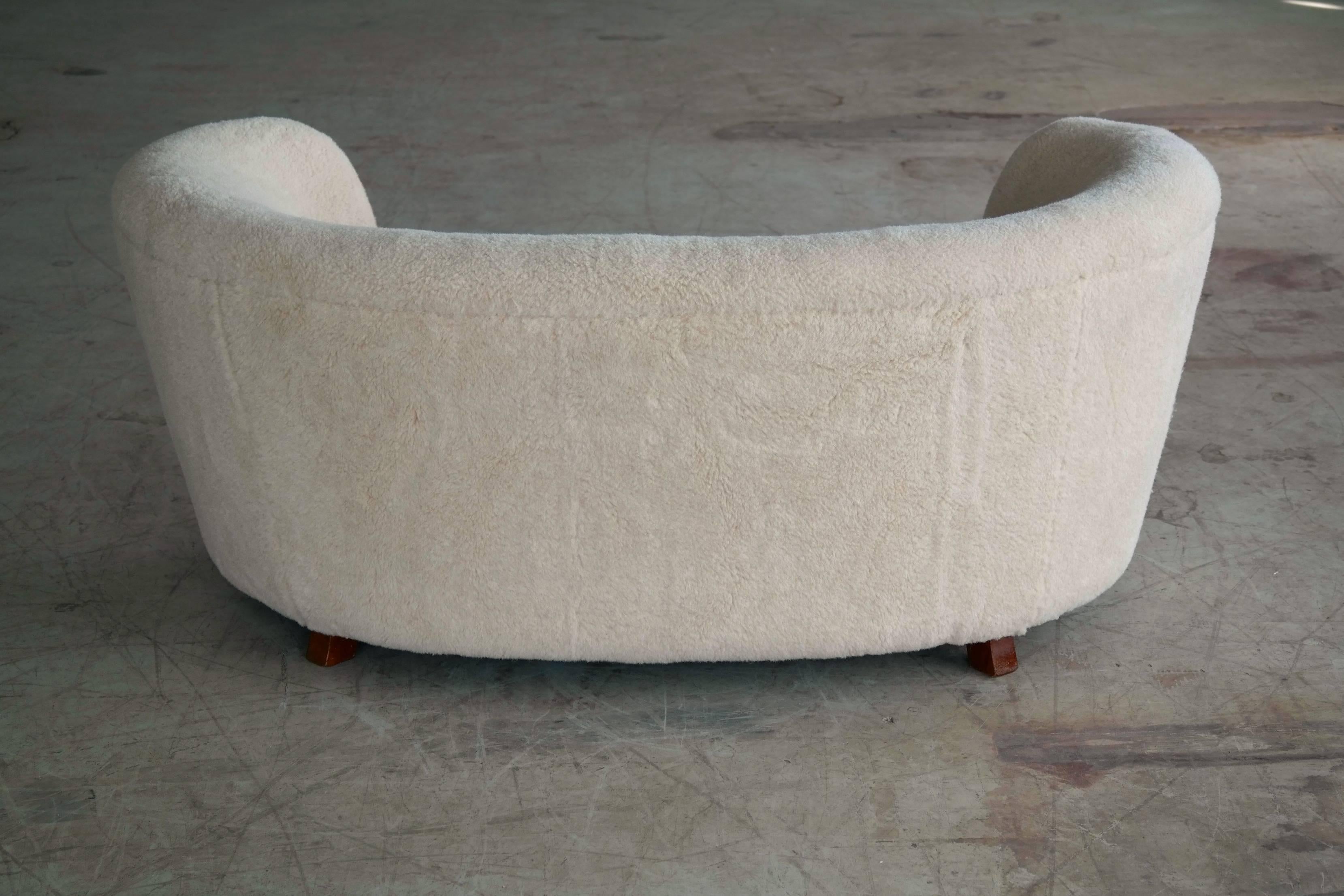 Viggo Boesen Style Banana Shaped Curved Loveseat or Sofa Covered in Lambs, 1940s 2